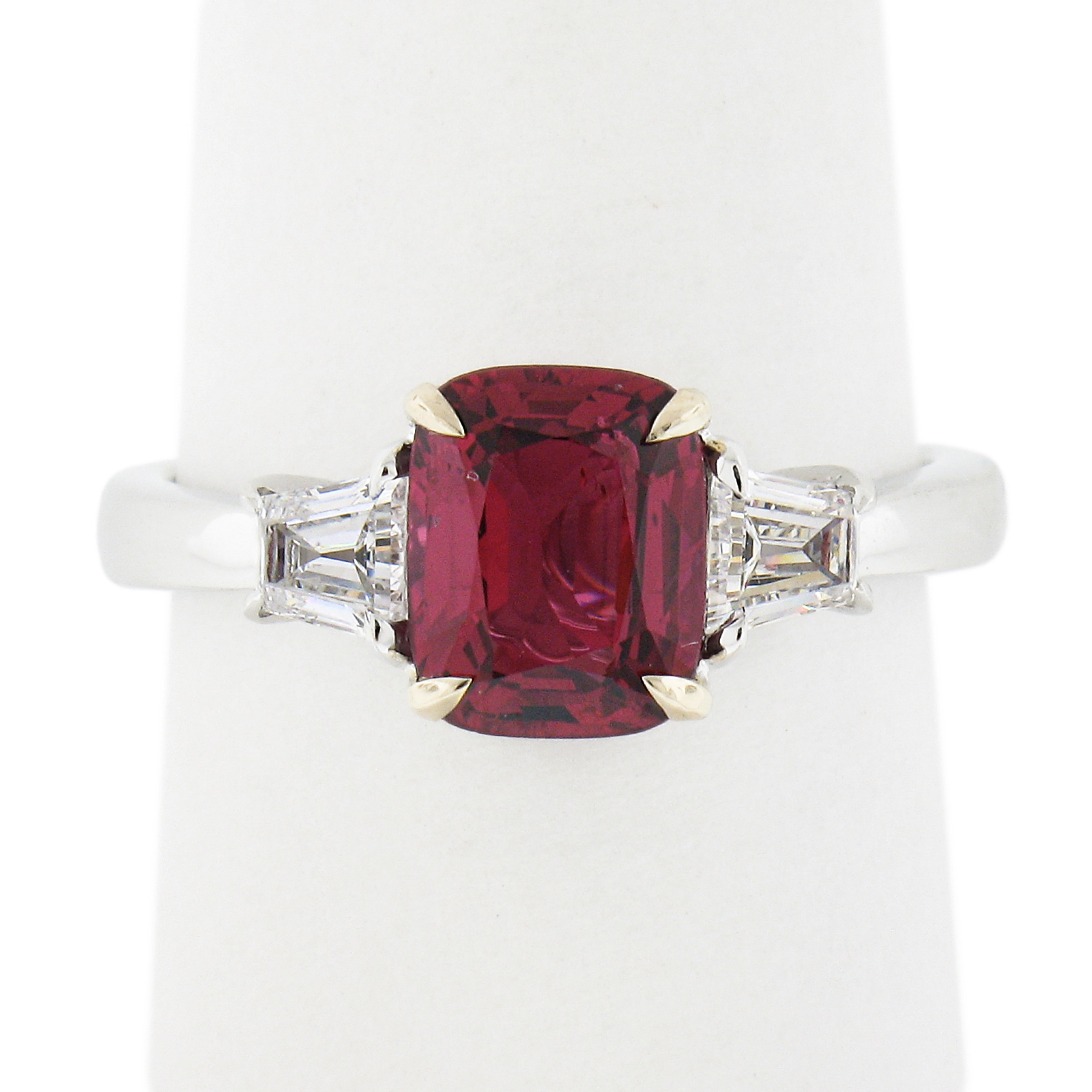Cushion Cut 18k White Gold 2.13ctw GIA No Heat Cushion Red Spinel & Baguette Diamond Ring For Sale