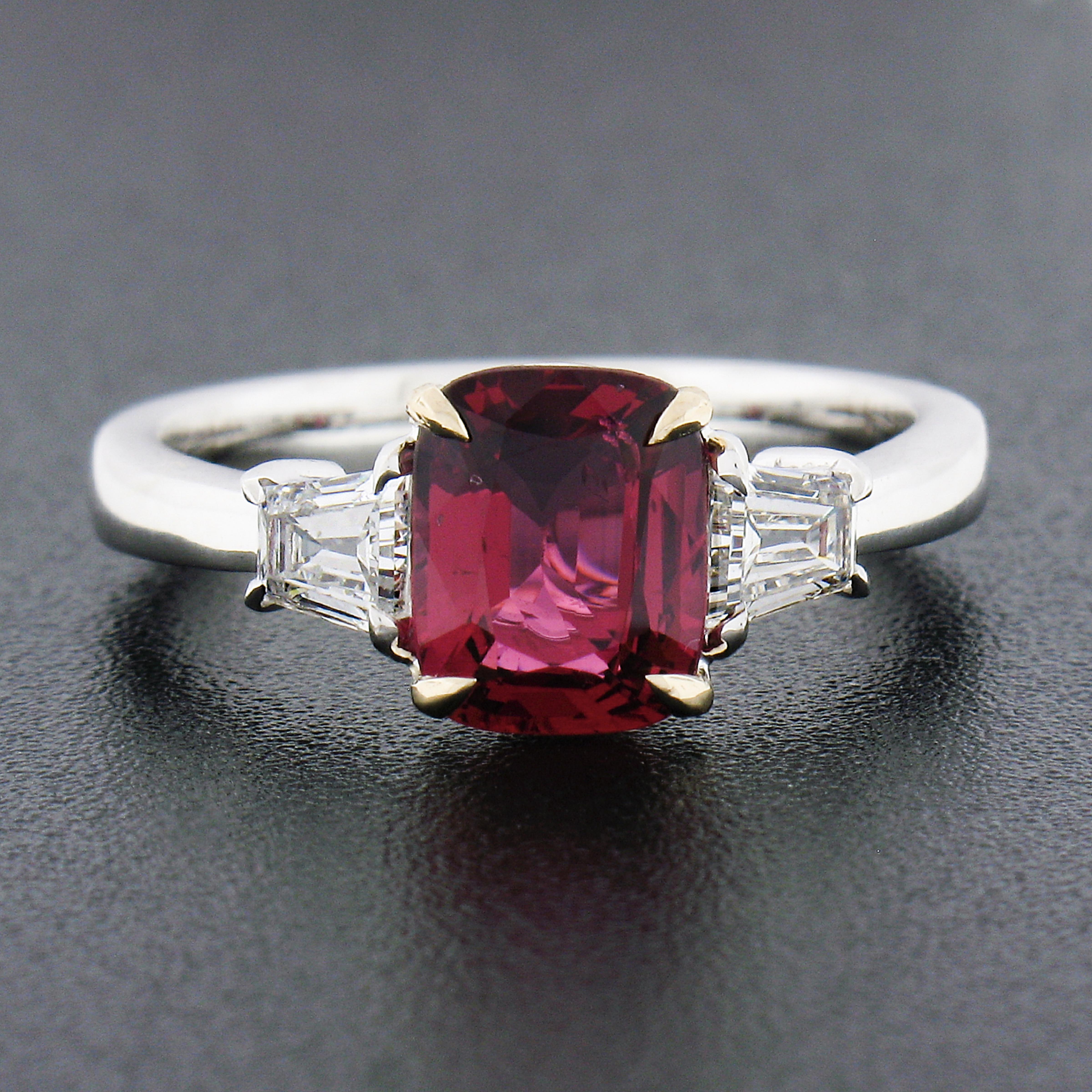 18k White Gold 2.13ctw GIA No Heat Cushion Red Spinel & Baguette Diamond Ring In Good Condition For Sale In Montclair, NJ