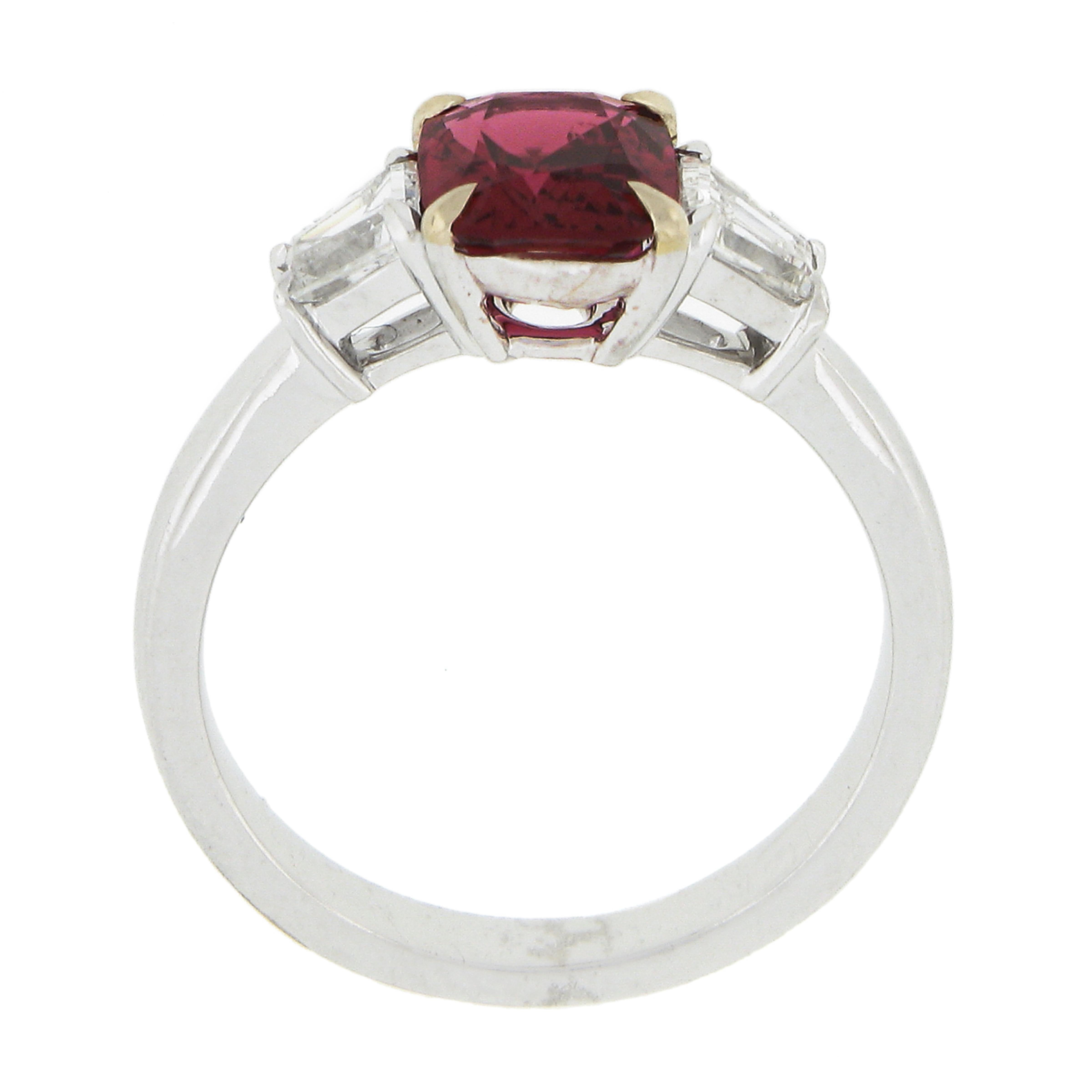 18k White Gold 2.13ctw GIA No Heat Cushion Red Spinel & Baguette Diamond Ring For Sale 4