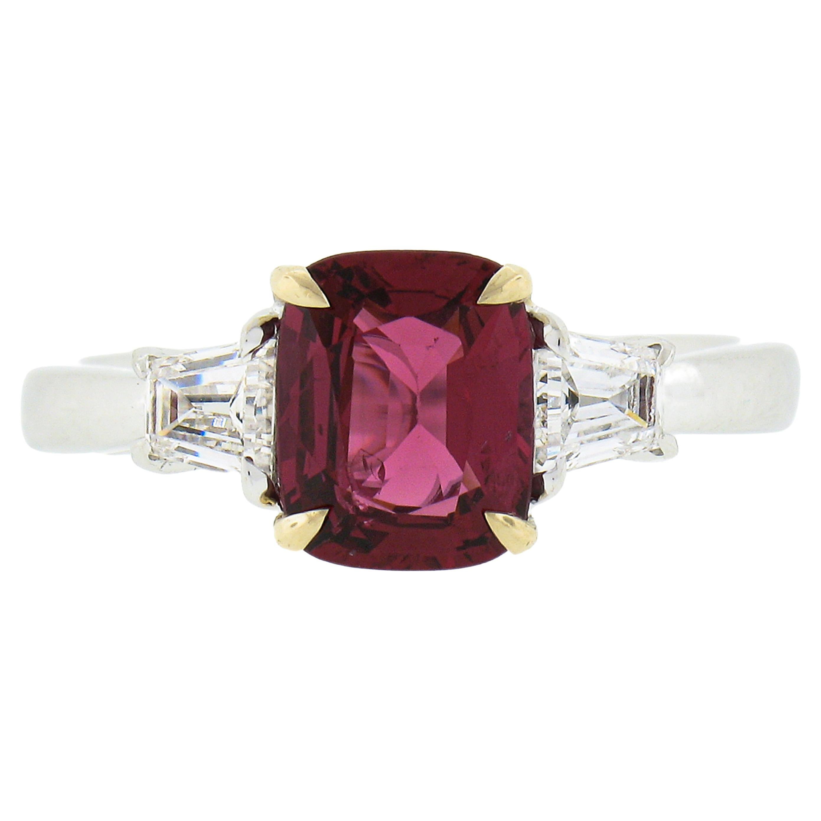 18k White Gold 2.13ctw GIA No Heat Cushion Red Spinel & Baguette Diamond Ring For Sale