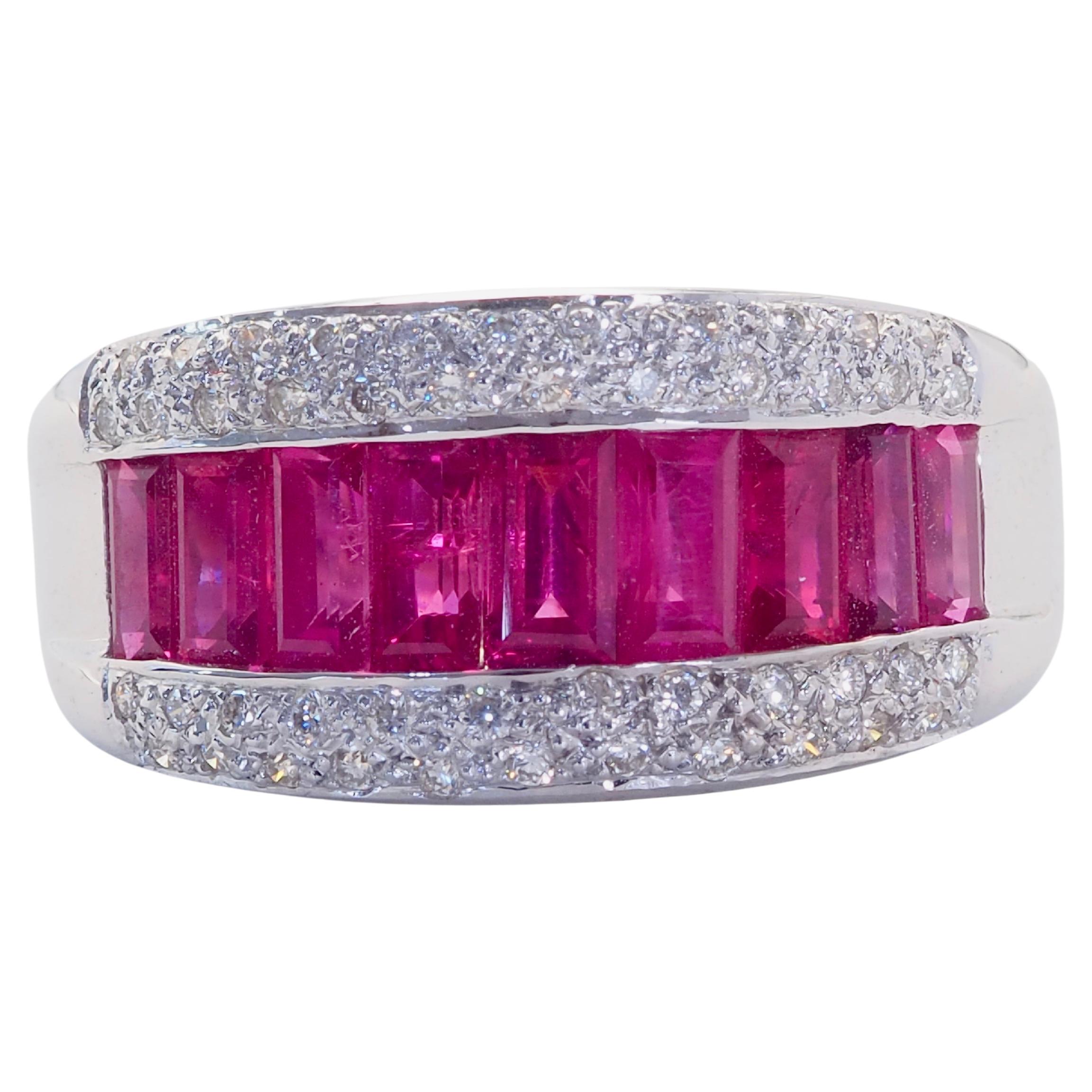 Anello a fascia in oro bianco 18 carati con rubino taglio baguette da 2,15 carati e diamante da 0,22 carati