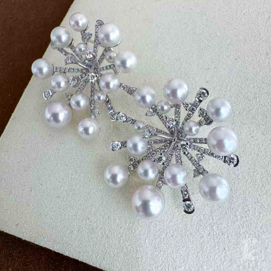 【Sculpted Geometry】Celestial Firework Akoya Pearl & Diamond Statement Earrin For Sale 3