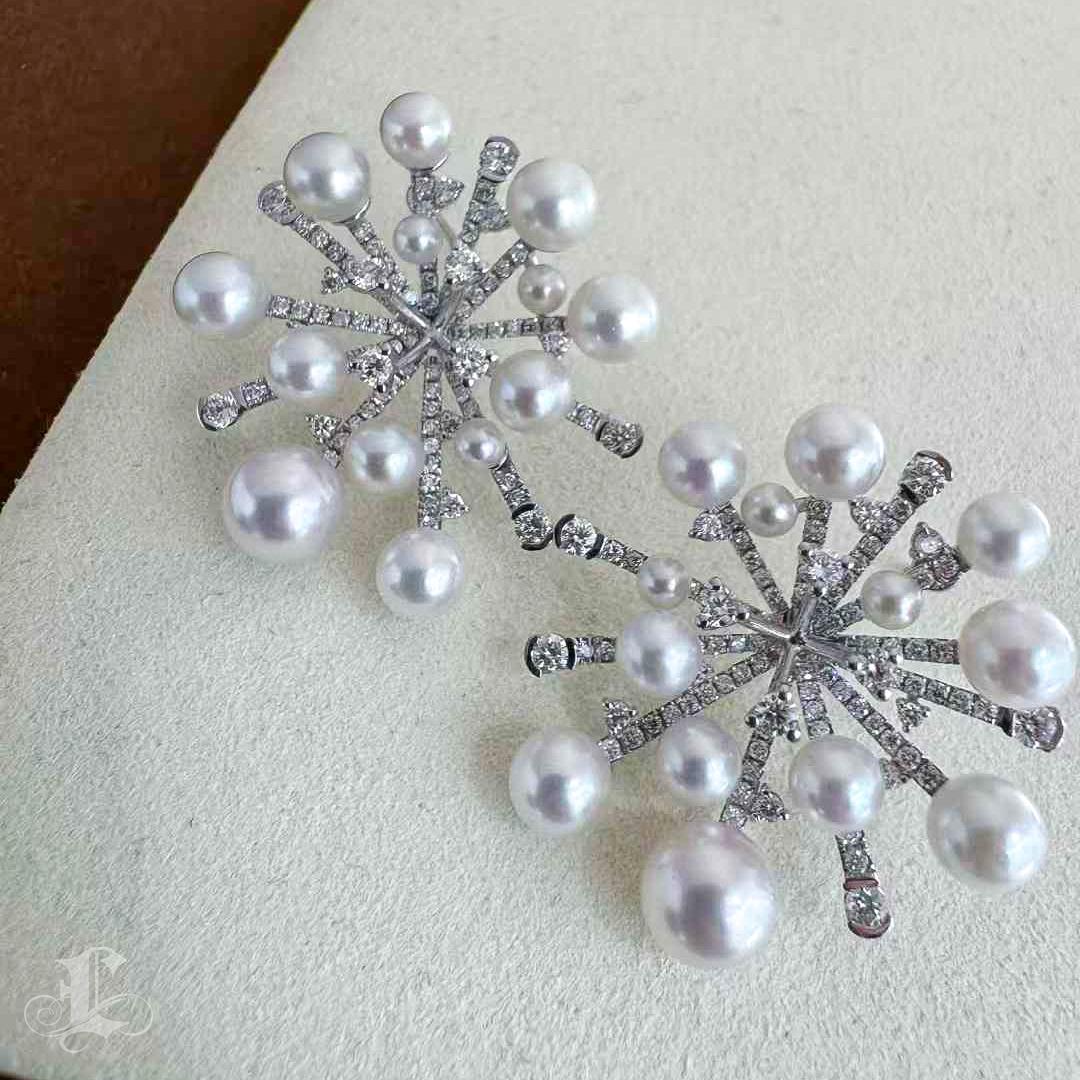 【Sculpted Geometry】Celestial Firework Akoya Pearl & Diamond Statement Earrin For Sale 4