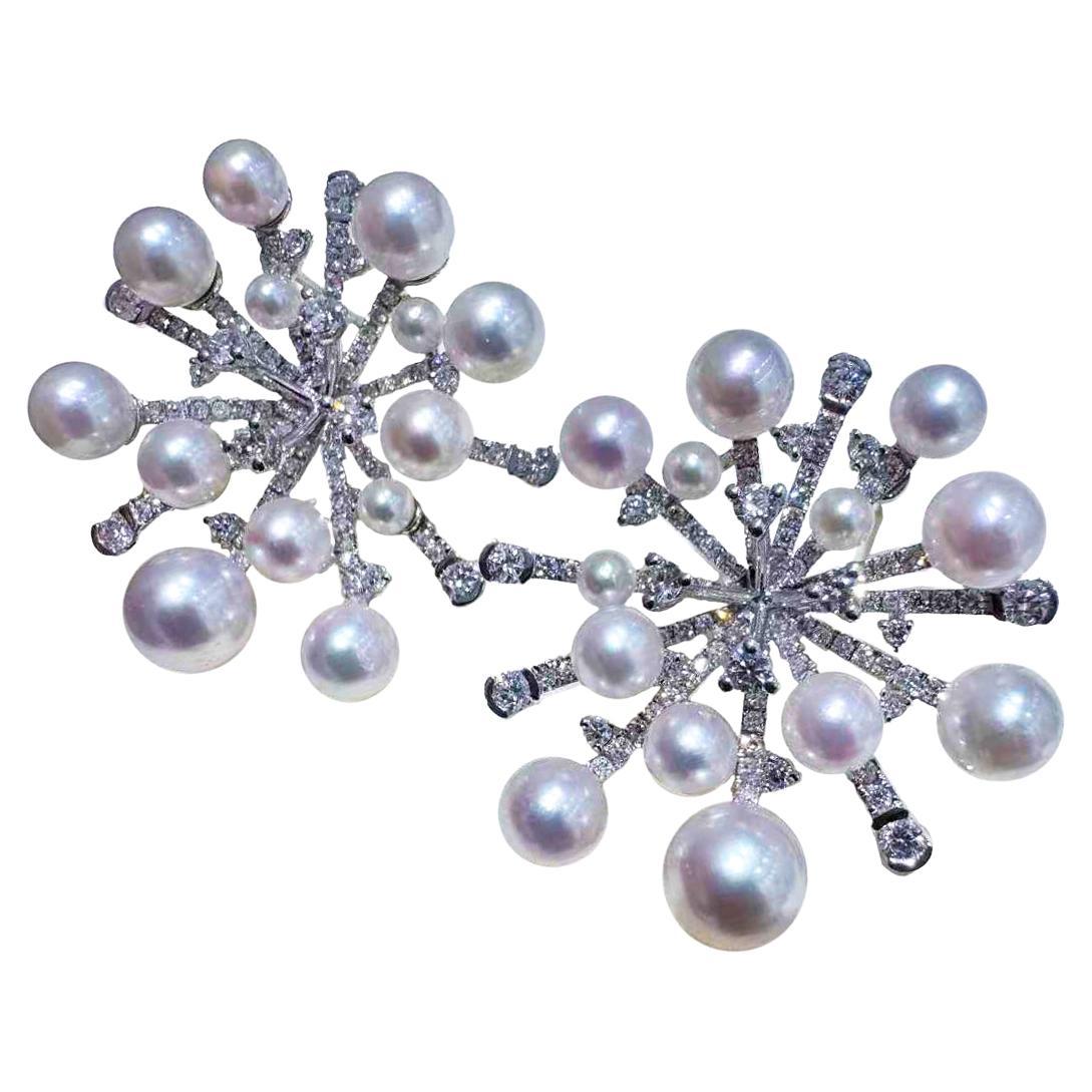 【Sculpted Geometry】Celestial Firework Akoya Pearl & Diamond Statement Earrin For Sale
