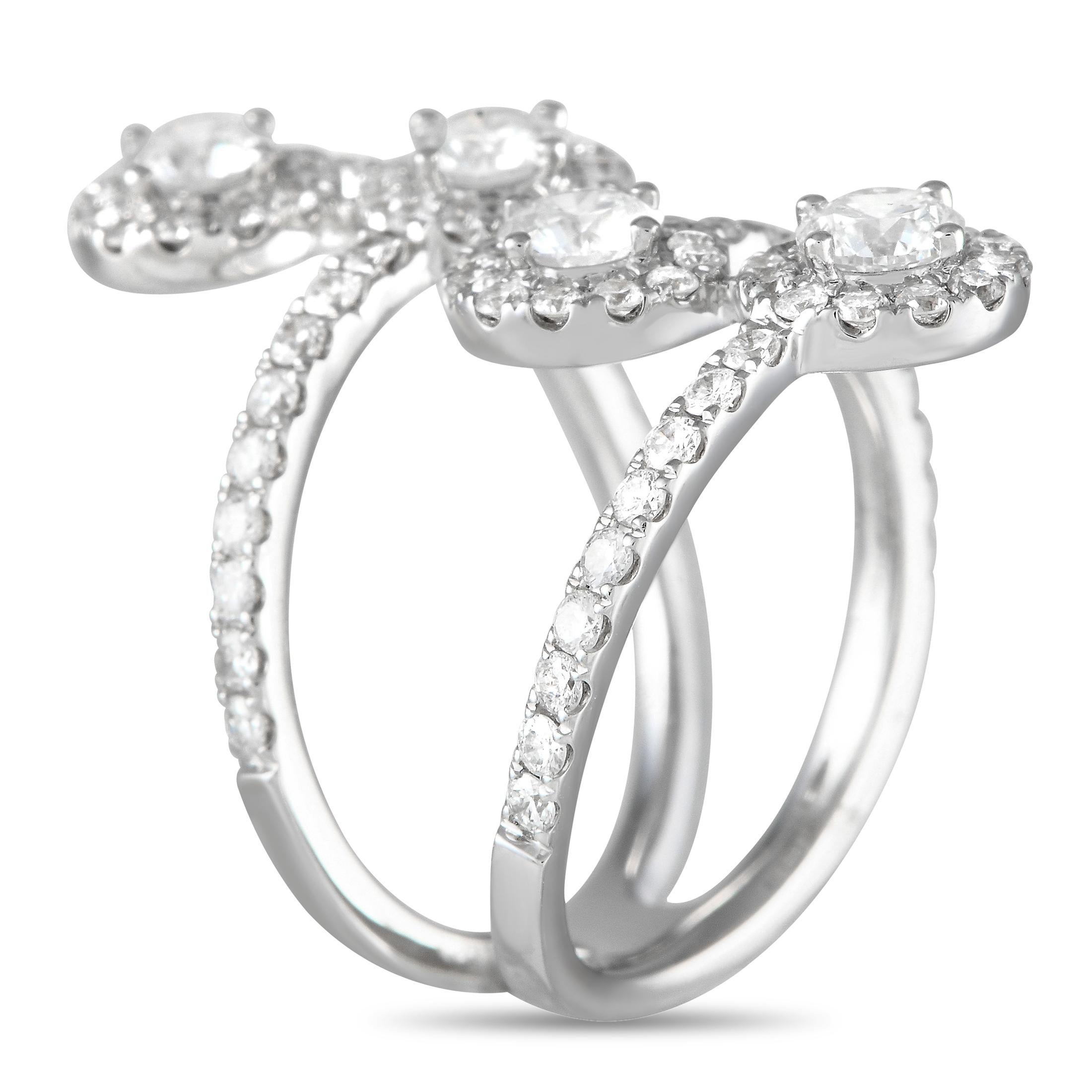 A dynamic design makes this luxury ring delightfully unexpected. Crafted from 18K White Gold, it features a unique wrapped design that comes to life thanks to sparkling Diamonds totaling 2.20 carats. It features a 9mm wide band and a 4mm top