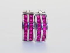18K White Gold 2.20ct Squared Purplish- Red Ruby Clasped Stud Earrings