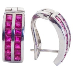 18K White Gold 2.20ct Squared Purplish- Red Ruby Clasped Stud Earrings