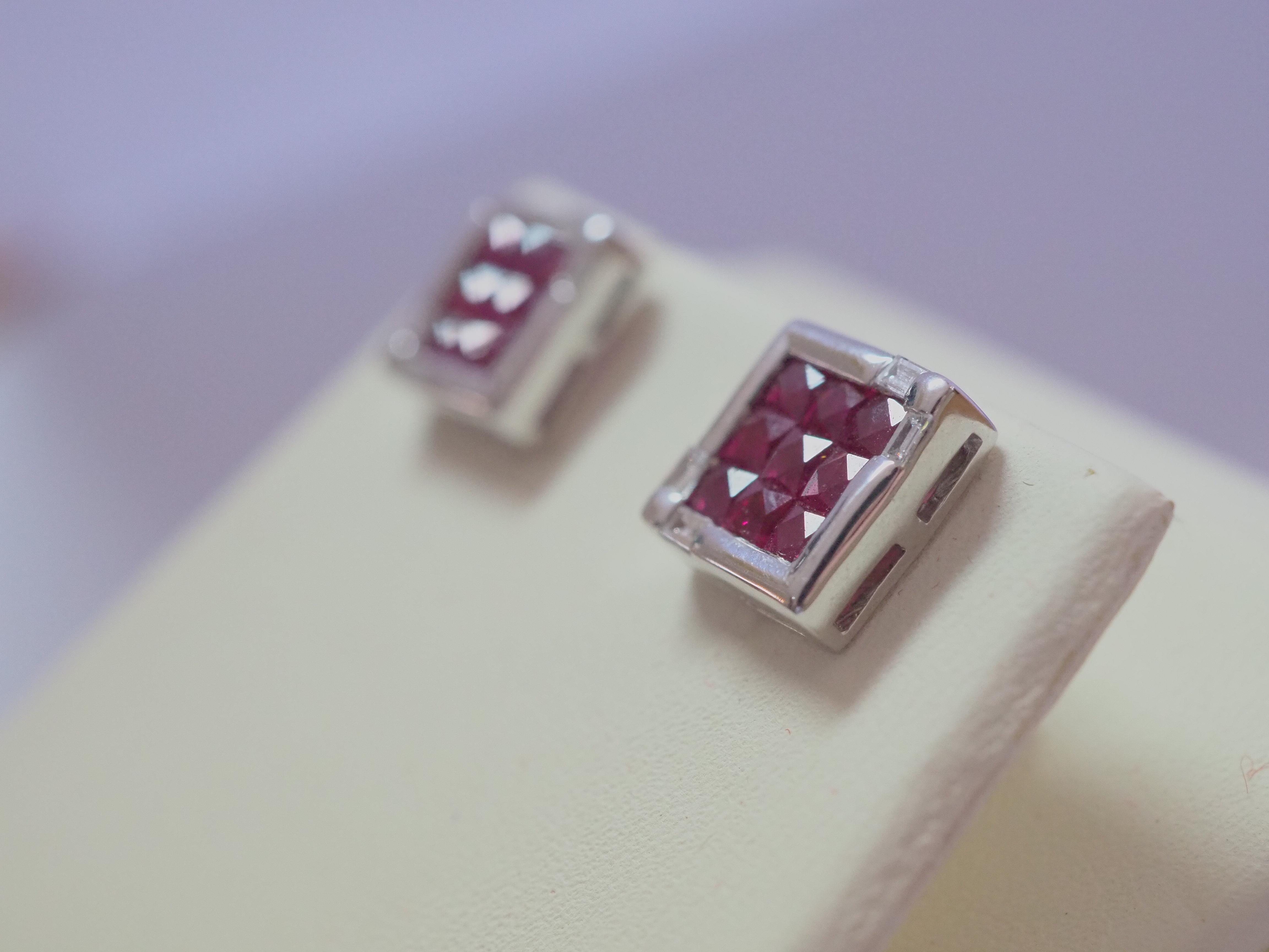 Art Deco 18k White Gold 2.21ct Square Ruby & 0.18ct Baguette Diamond Stud Earring For Sale