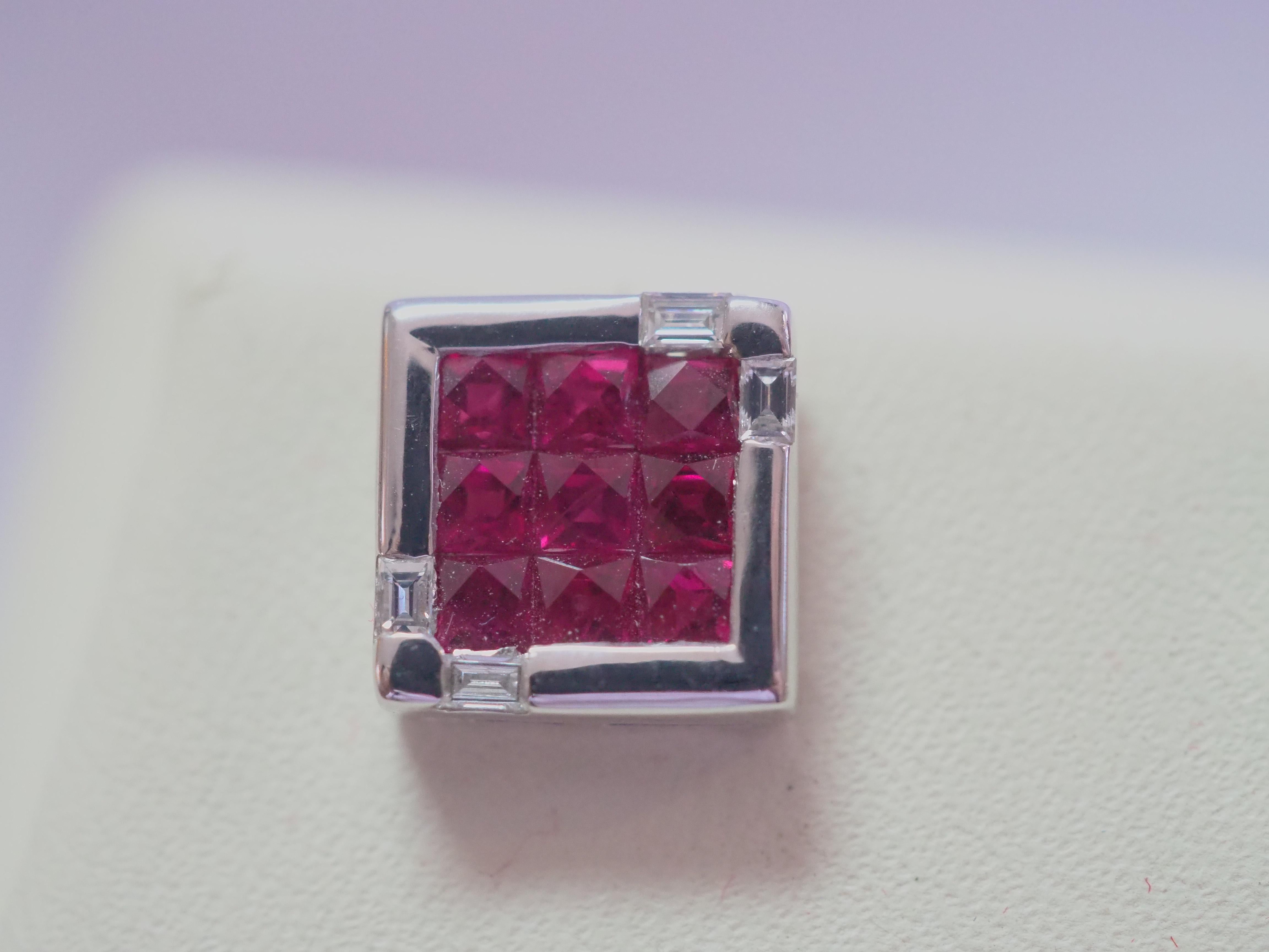 Square Cut 18k White Gold 2.21ct Square Ruby & 0.18ct Baguette Diamond Stud Earring For Sale