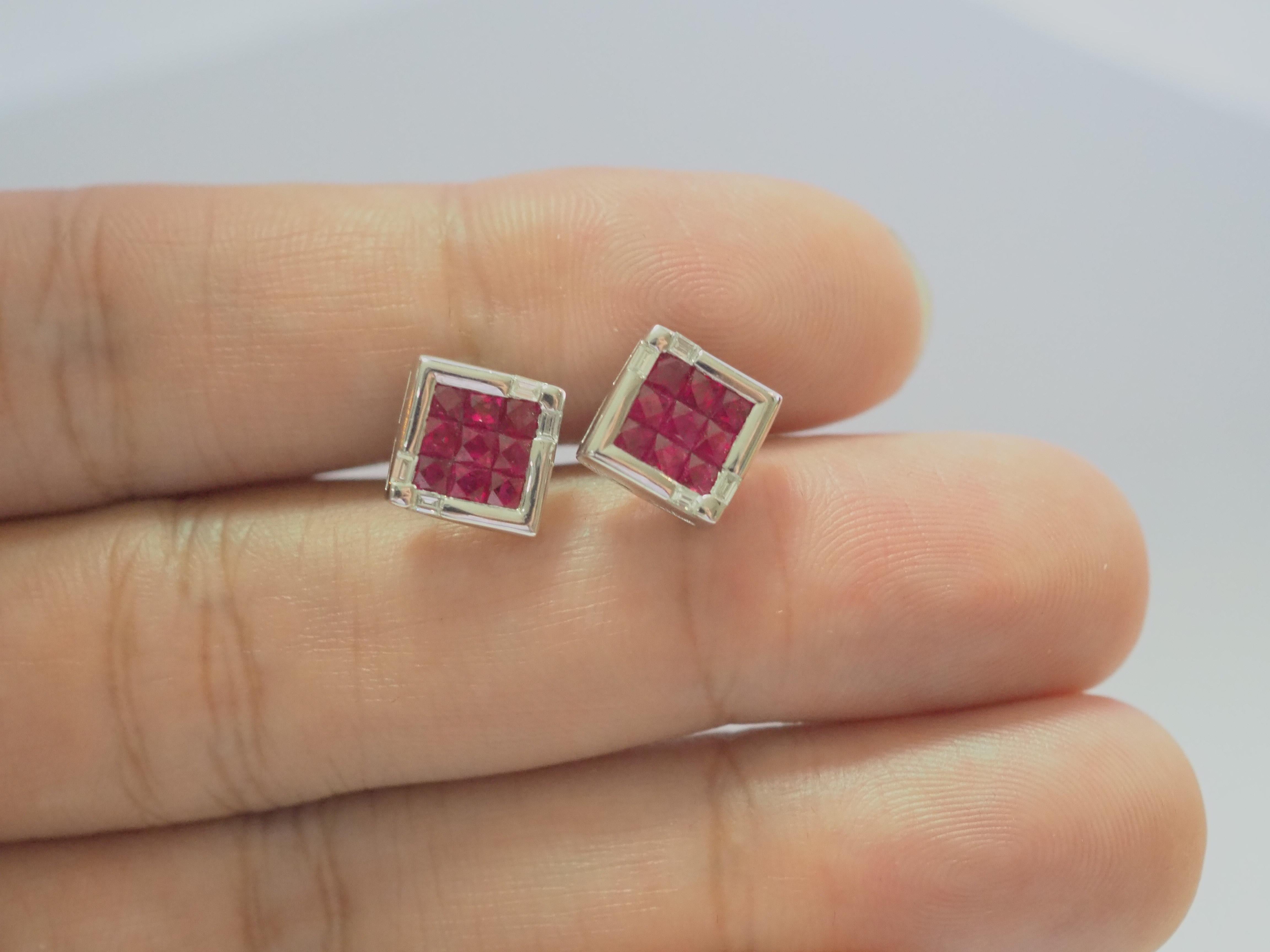 18k White Gold 2.21ct Square Ruby & 0.18ct Baguette Diamond Stud Earring For Sale 2