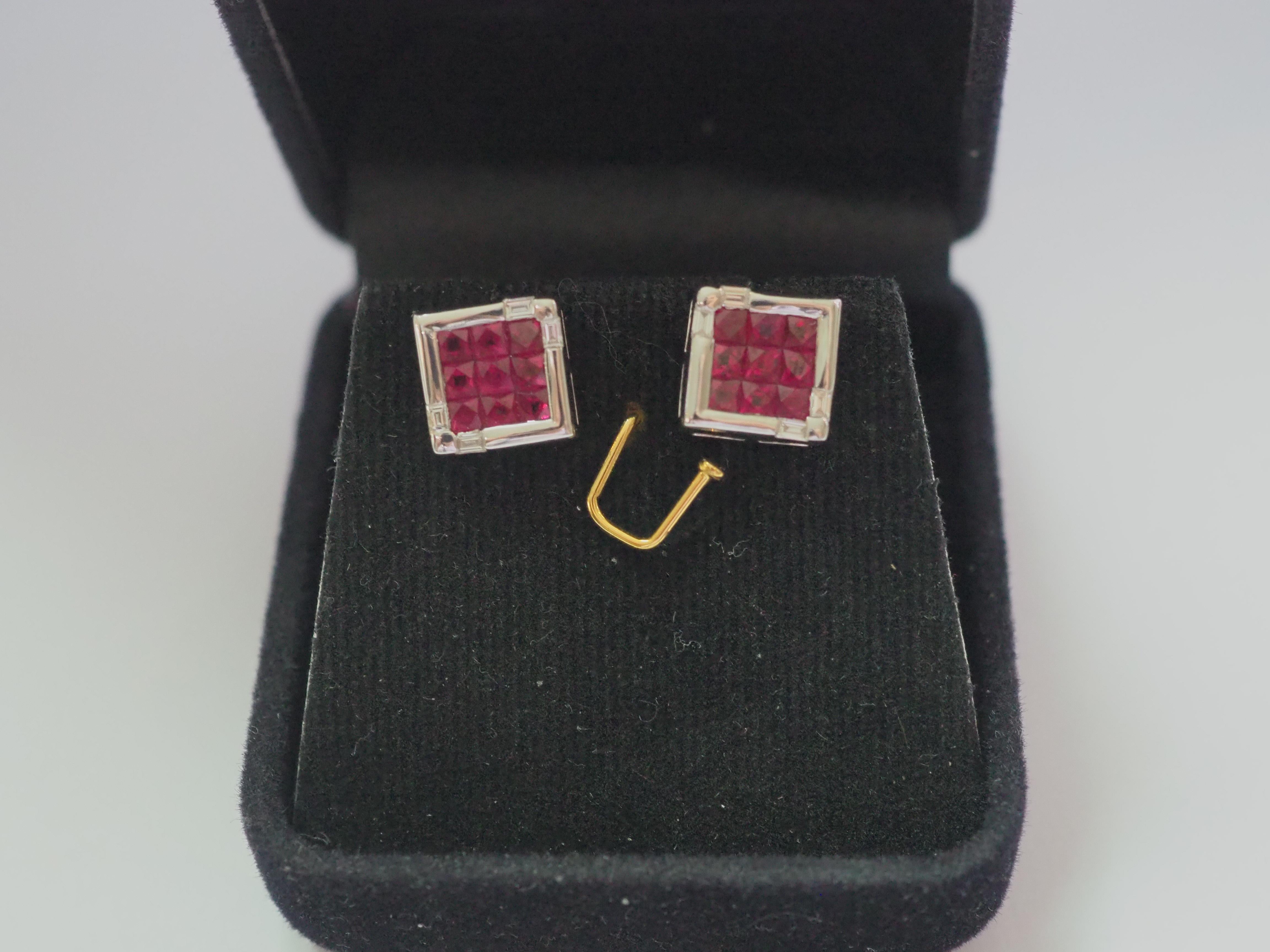 18k White Gold 2.21ct Square Ruby & 0.18ct Baguette Diamond Stud Earring For Sale 3