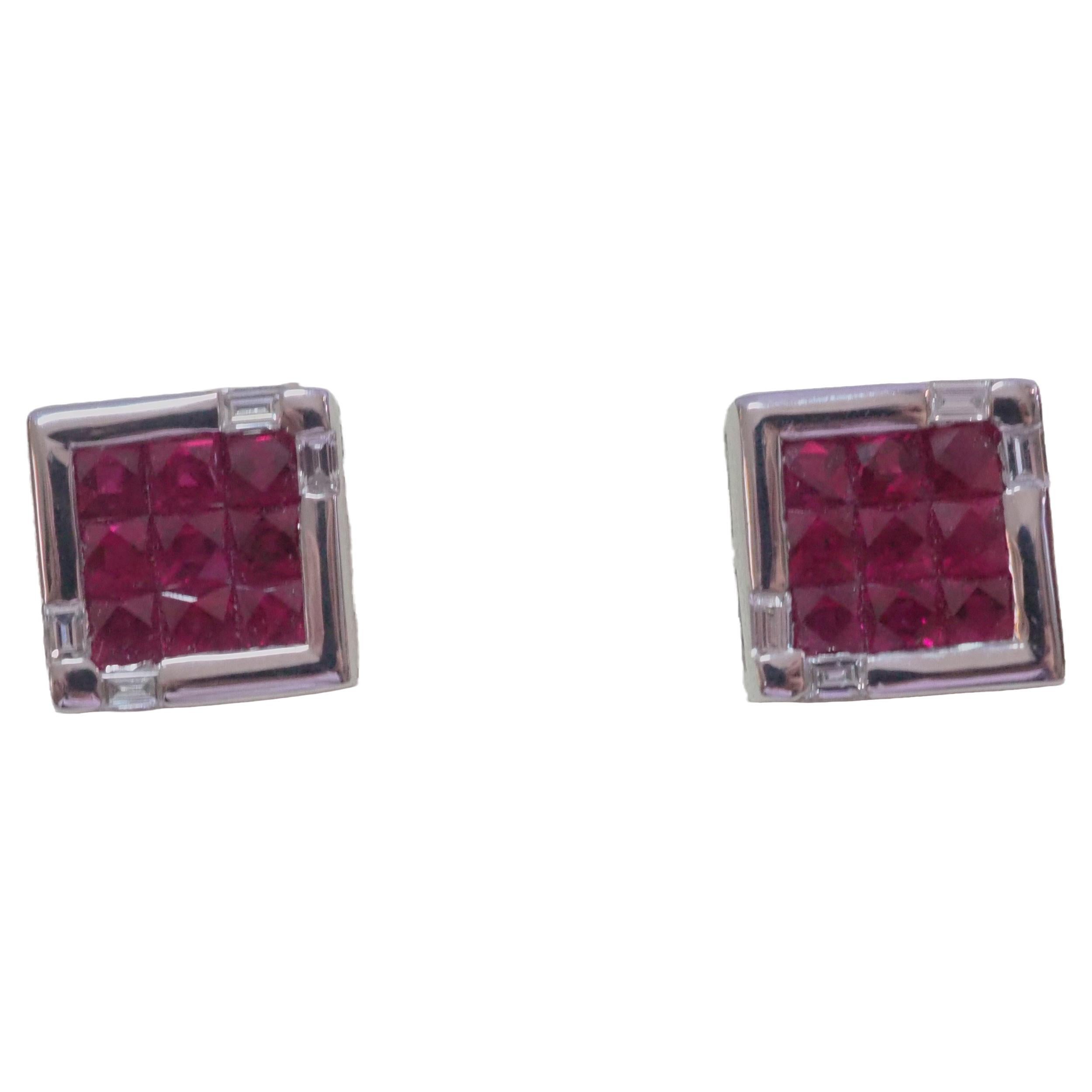 18k White Gold 2.21ct Square Ruby & 0.18ct Baguette Diamond Stud Earring For Sale