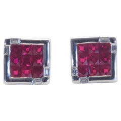 Vintage 18k White Gold 2.21ct Square Ruby & 0.18ct Baguette Diamond Stud Earring