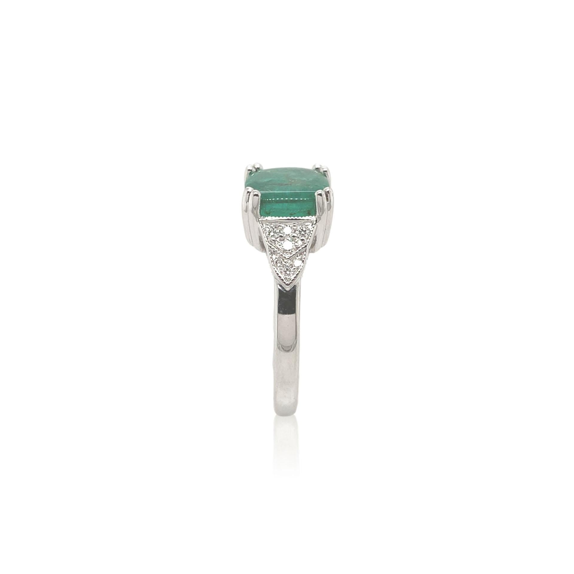 Cushion Cut 18K White Gold 2.23 carat Emerald and Diamond Ring size 6.5 For Sale