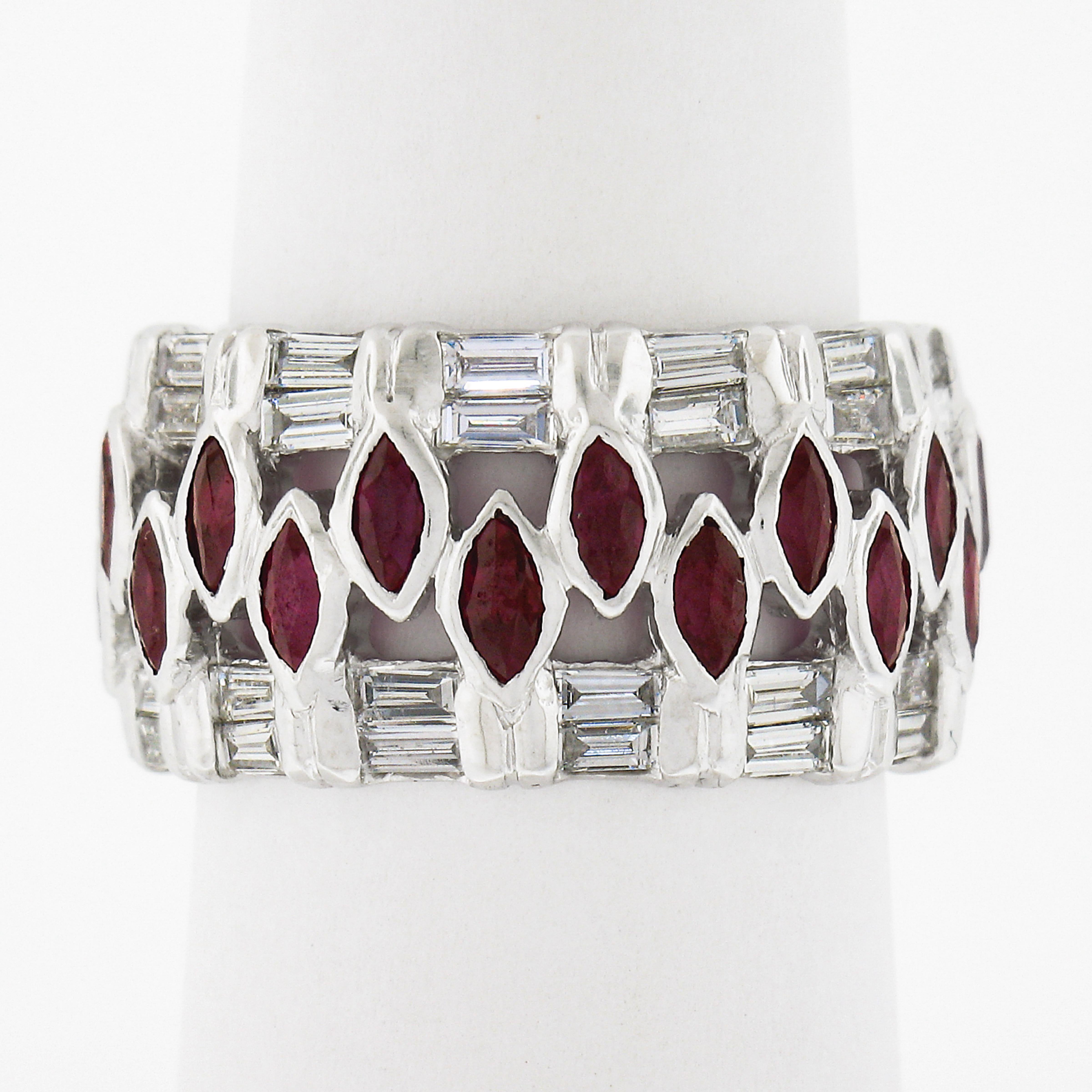 Marquise Cut 18k White Gold 2.25ctw Baguette Diamond & Marquise Ruby Eternity Wide Band Ring
