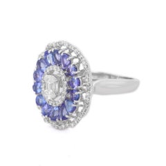18K White Gold 2.26 ct Blue Sapphire Floral Cocktail Wedding Ring with Diamonds
