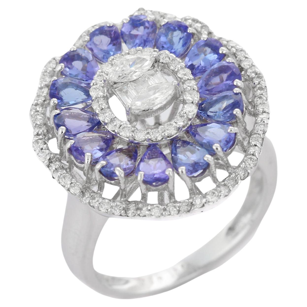 For Sale:  18K White Gold 2.26 ct Blue Sapphire Floral Cocktail Wedding Ring with Diamonds