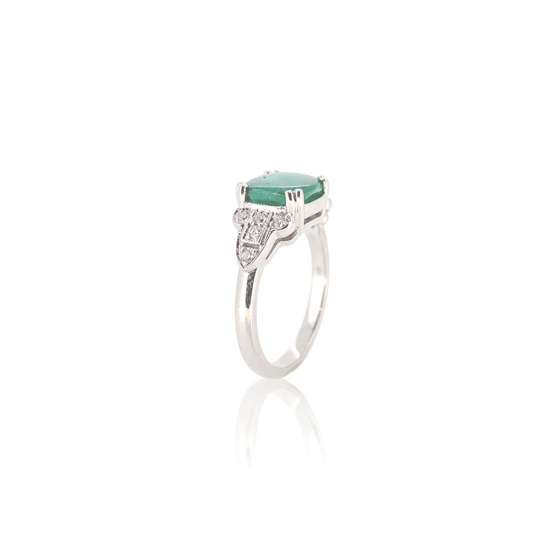 Art Deco 18K White Gold 2.27 carat Emerald and Diamond Ring size 6.5 For Sale
