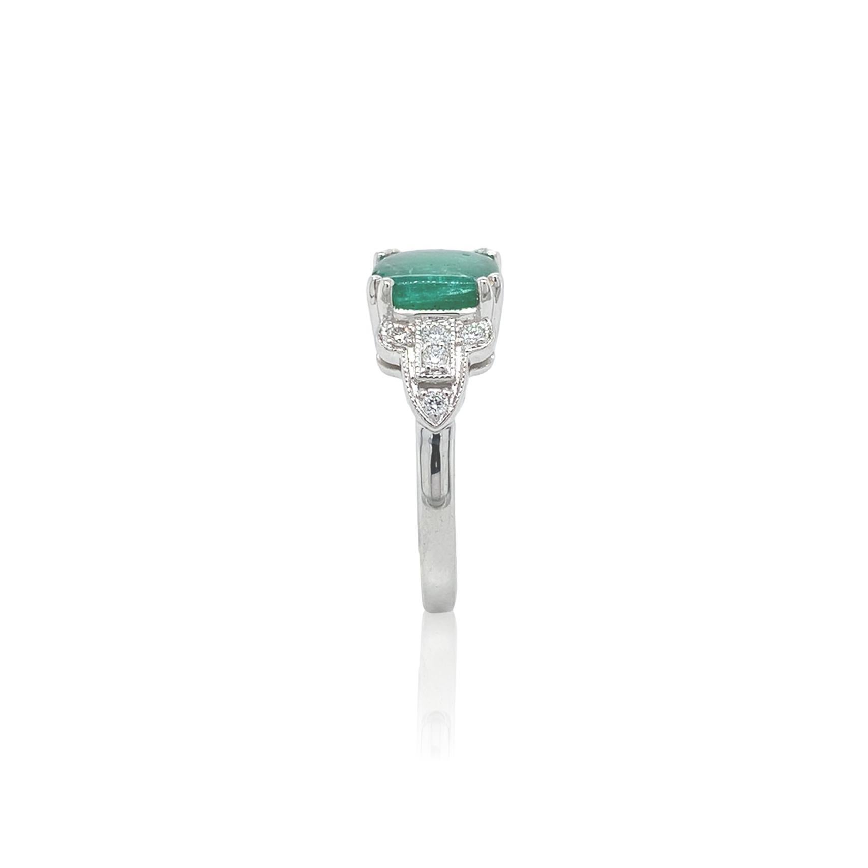 Cushion Cut 18K White Gold 2.27 carat Emerald and Diamond Ring size 6.5 For Sale