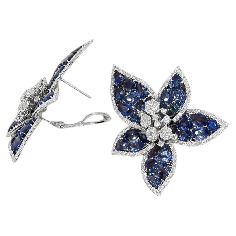 18K White Gold 22.91ct Blue Sapphire & 3.94ct Diamond Floral Earrings For Sale