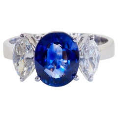 18K White Gold 2.29ct Vivid Blue Sapphire & 0.57ct Marquise Diamond Ring