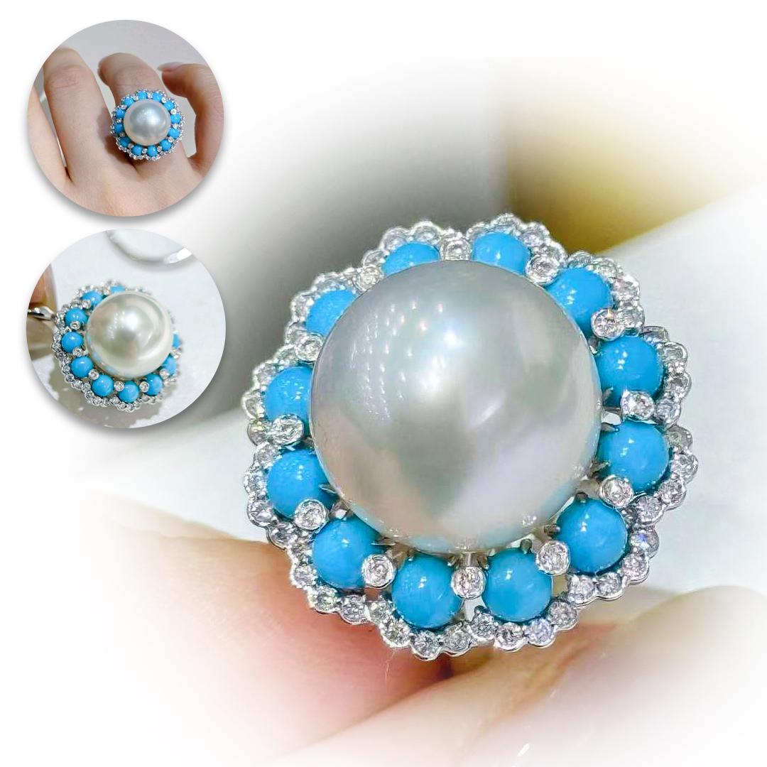 Uncut 【Caelmare】Halo Bloom Convertible South Sea Pearl & Turquoise Ring-Pendand For Sale