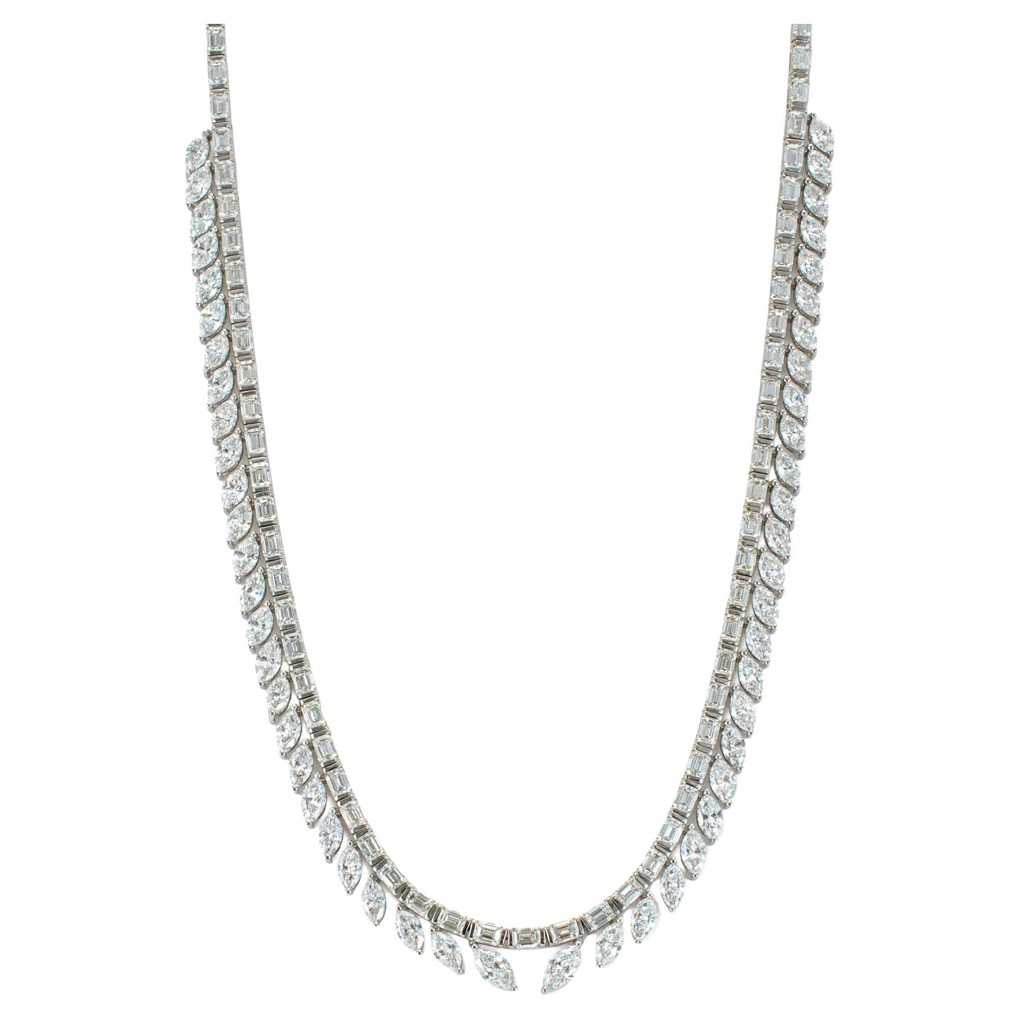 18K White Gold 23.68ct Baguette Marquee Tennis Graduated Red Carpet Necklace For Sale
