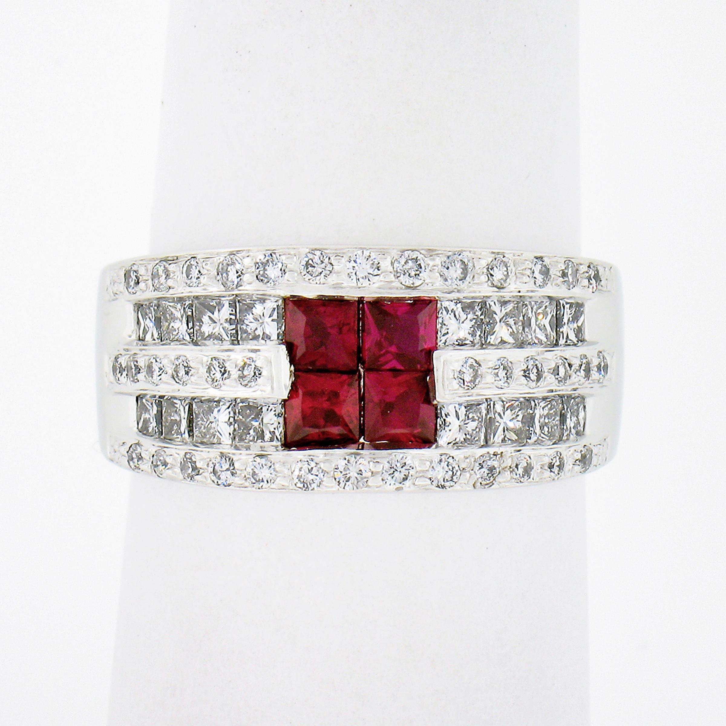Here we have an absolutely outstanding wide band ring crafted from solid 18k white gold. It features 4 fine rubies neatly invisible set at its center in which gives the look of one stone. Each of the square cut rubies show an absolutely gorgeous