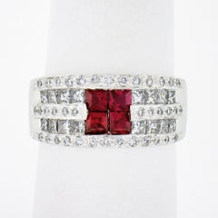 18k White Gold 2.36ct Square Ruby w/ Round & Princess Cut Diamond Wide Band Ring