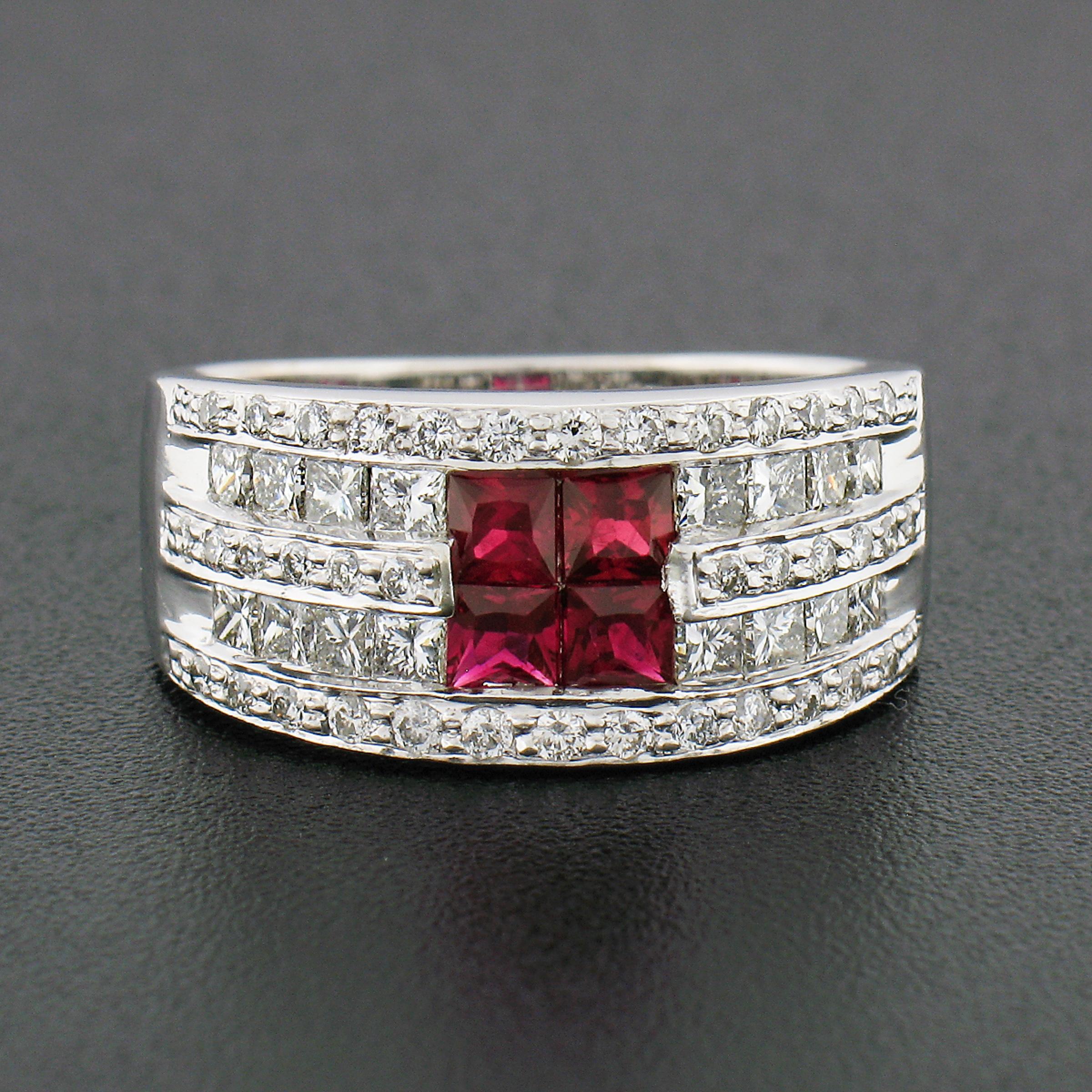 18k White Gold 2.36ct Square Ruby w/ Round & Princess Cut Diamond Wide Band Ring In Excellent Condition For Sale In Montclair, NJ