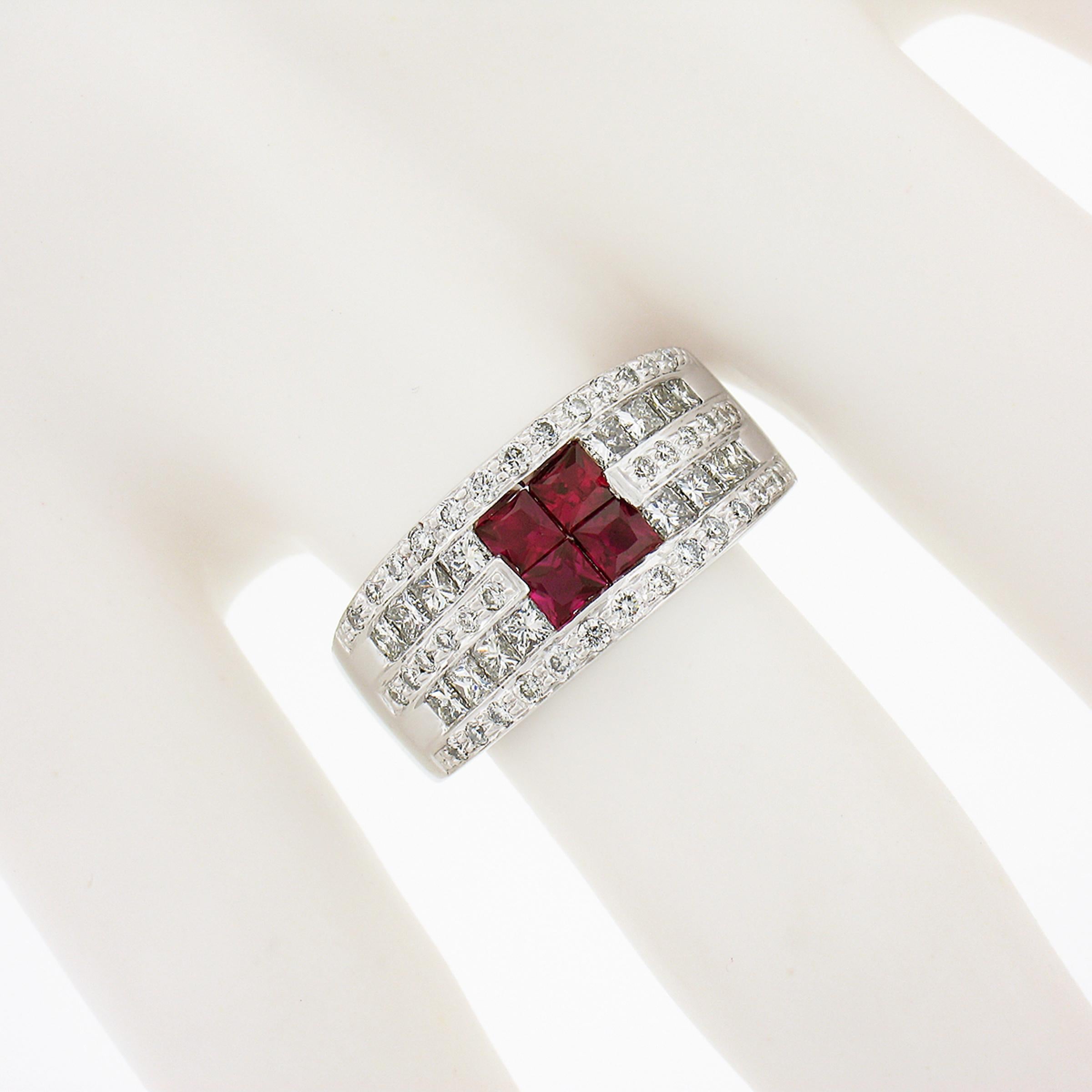 Women's 18k White Gold 2.36ct Square Ruby w/ Round & Princess Cut Diamond Wide Band Ring For Sale