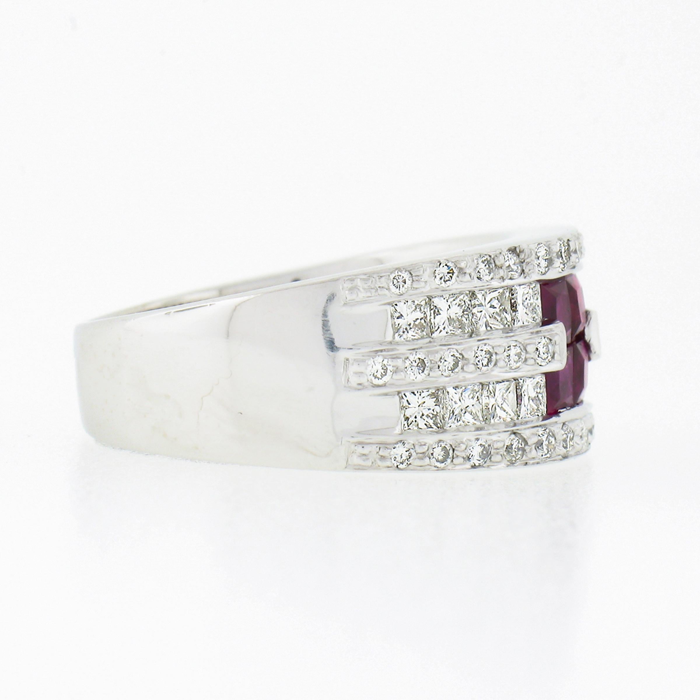 18k White Gold 2.36ct Square Ruby w/ Round & Princess Cut Diamond Wide Band Ring For Sale 1