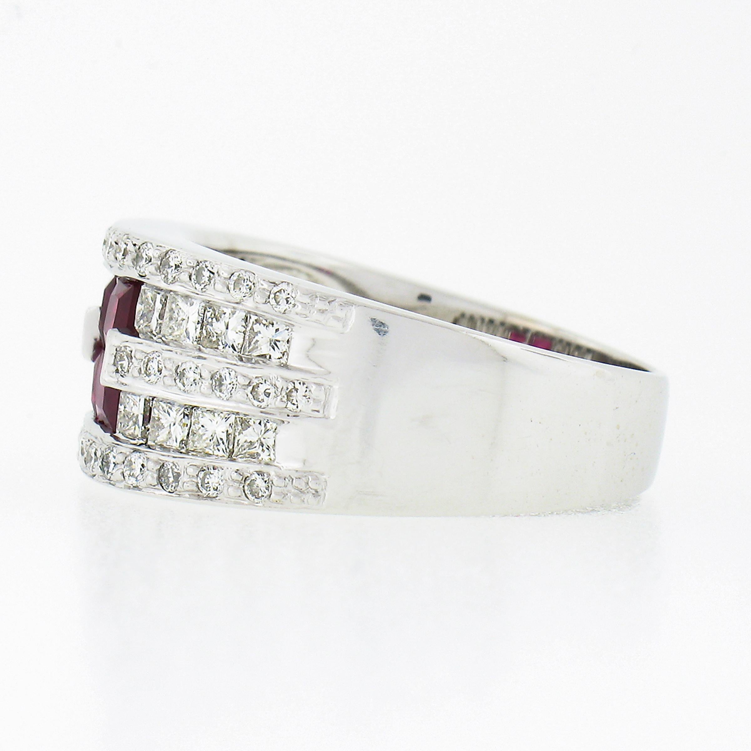 18k White Gold 2.36ct Square Ruby w/ Round & Princess Cut Diamond Wide Band Ring For Sale 2