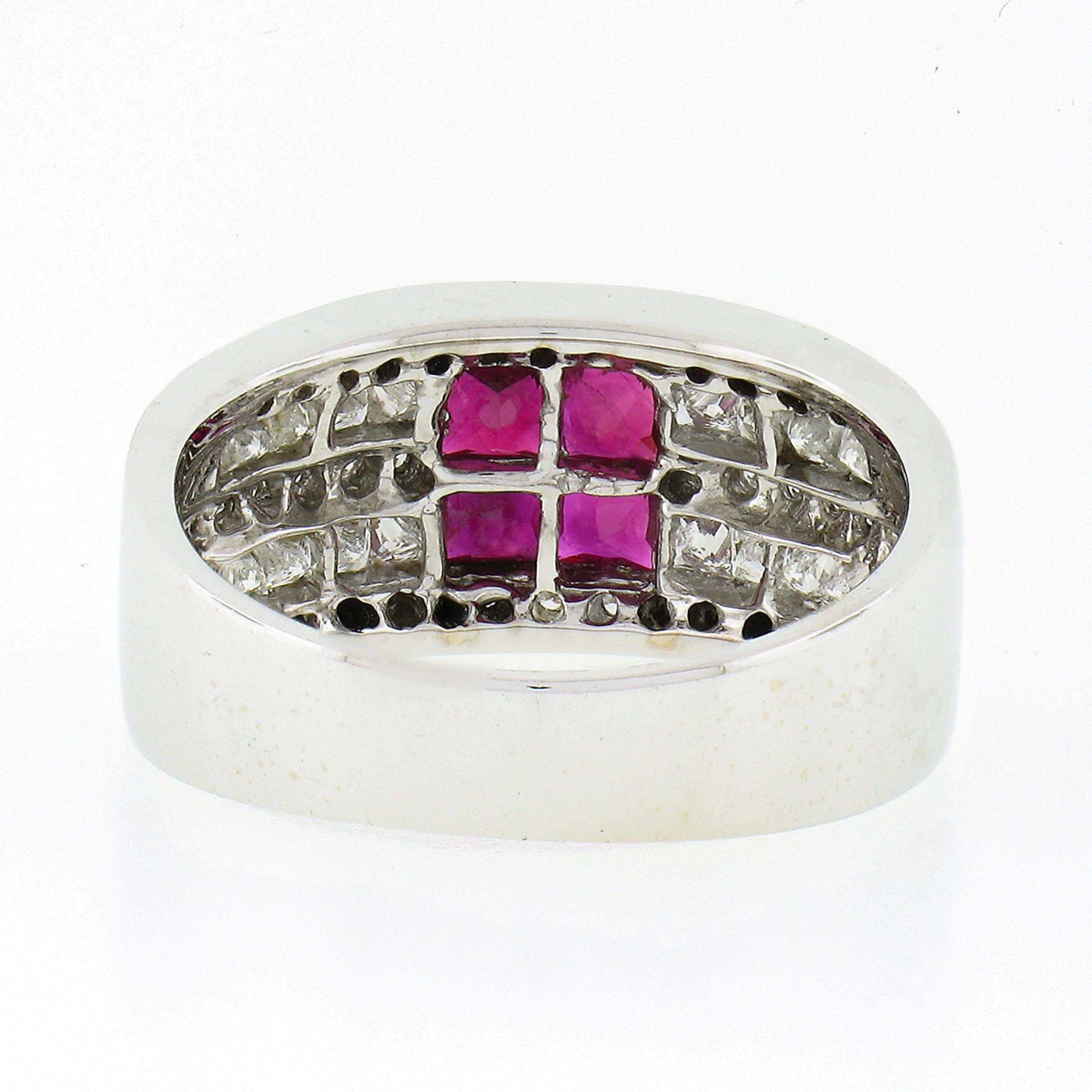 18k White Gold 2.36ct Square Ruby w/ Round & Princess Cut Diamond Wide Band Ring For Sale 3