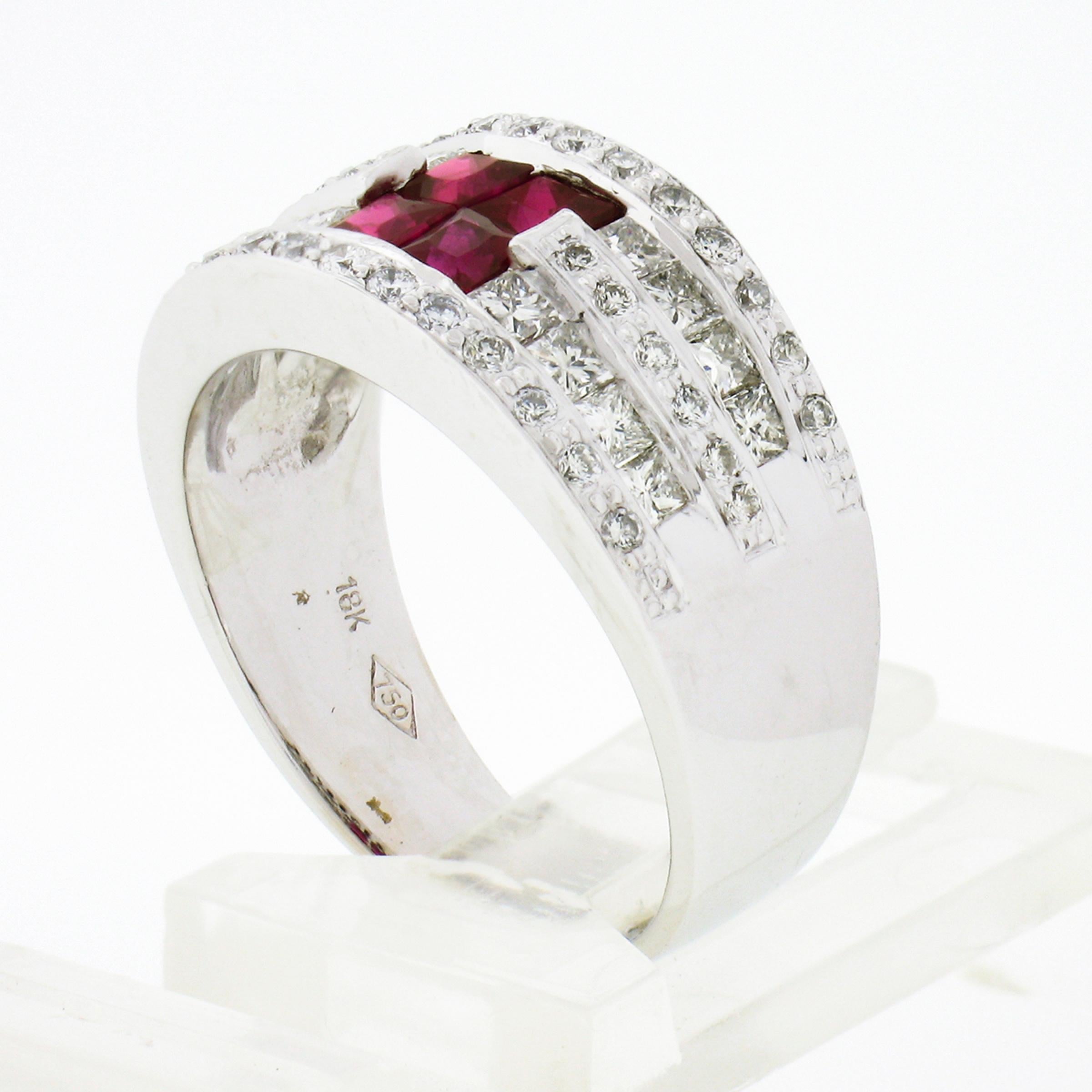 18k White Gold 2.36ct Square Ruby w/ Round & Princess Cut Diamond Wide Band Ring For Sale 5