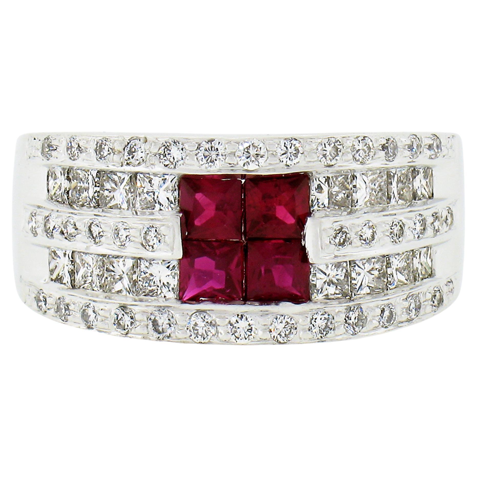18k White Gold 2.36ct Square Ruby w/ Round & Princess Cut Diamond Wide Band Ring For Sale