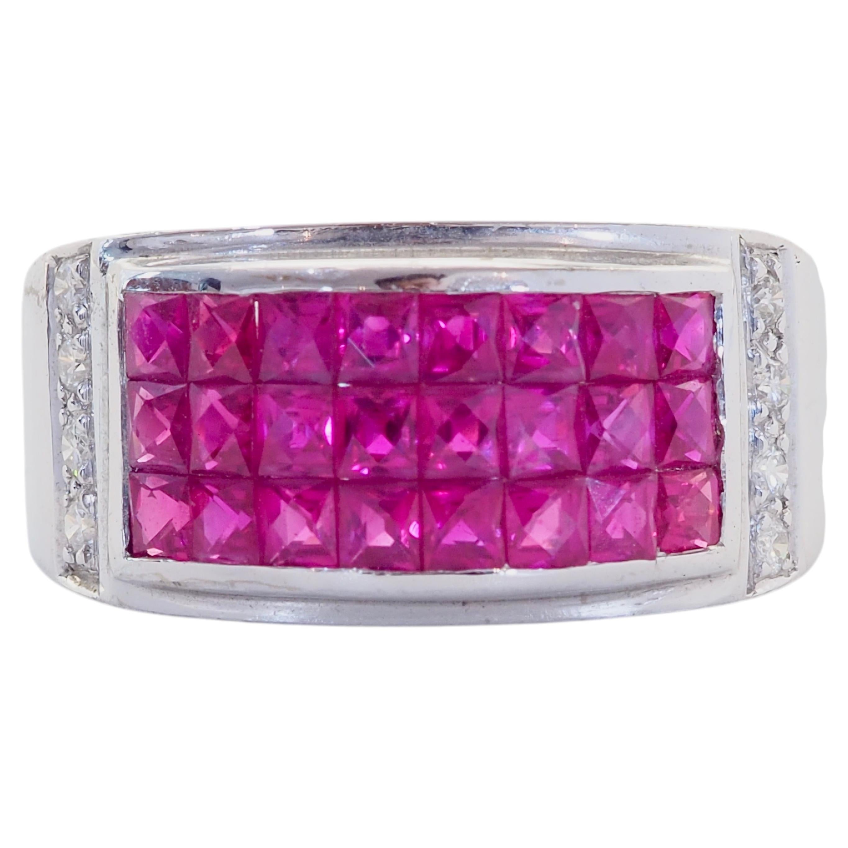 18K White Gold 2.40ct Squared Purplish Ruby & 0.10ct Diamond Invisible Band Ring