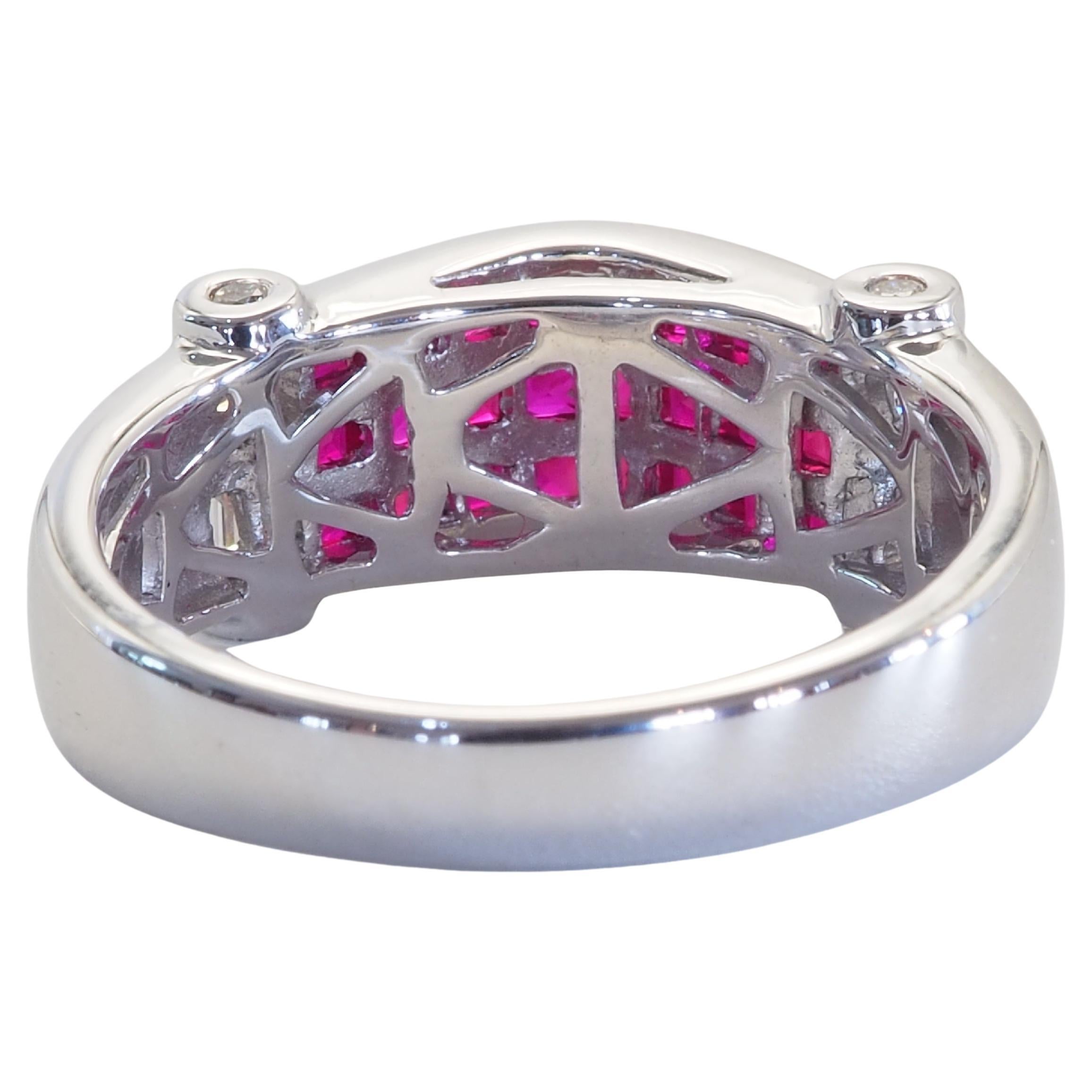 Fine contemporary and precious fashion band ring in a contemporary invisible design. 3 rows of Very clean and saturated color square cut rubies and baguette and round cut diamonds inlaid neatly here.

Product Details:

Metal: 18k Solid Gold
Metal