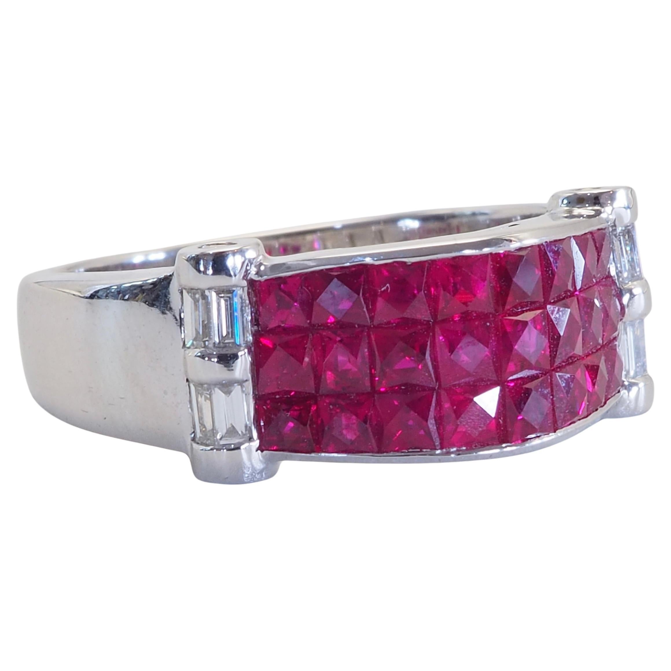 Art Deco 18K White Gold 2.40ct Squared Ruby & 0.21ct Diamond Invisible Band Ring For Sale