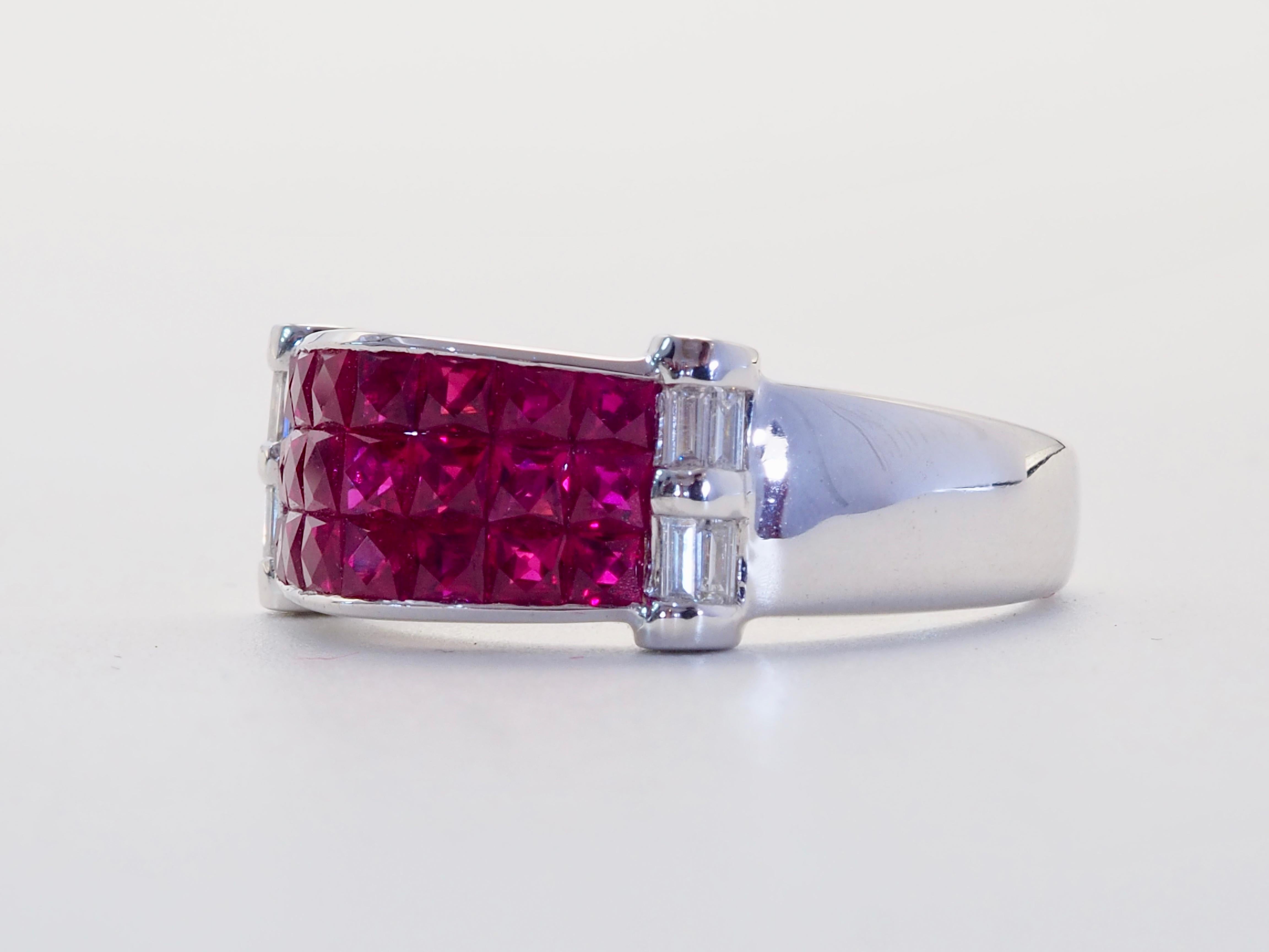 18K White Gold 2.40ct Squared Ruby & 0.21ct Diamond Invisible Band Ring In New Condition For Sale In เกาะสมุย, TH