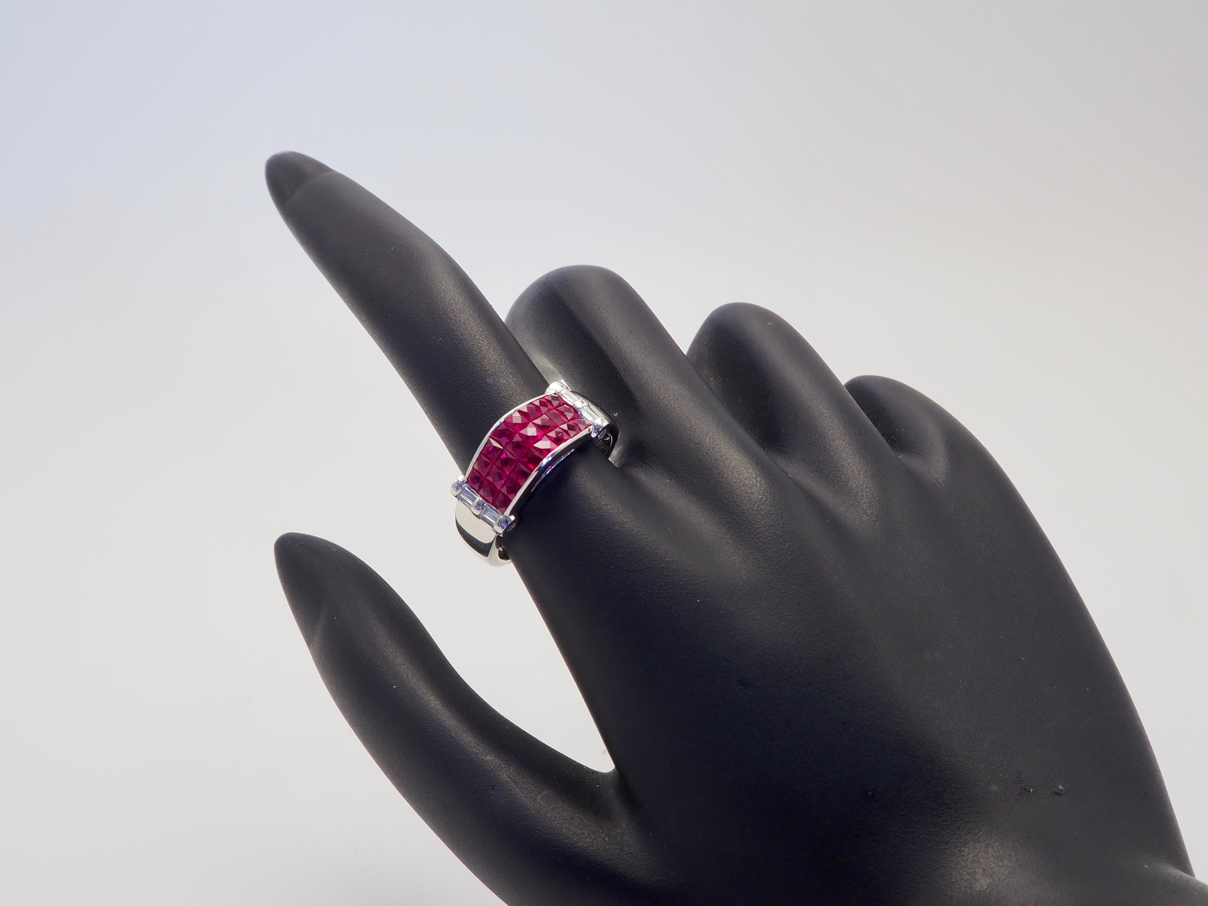 18K White Gold 2.40ct Squared Ruby & 0.21ct Diamond Invisible Band Ring For Sale 1
