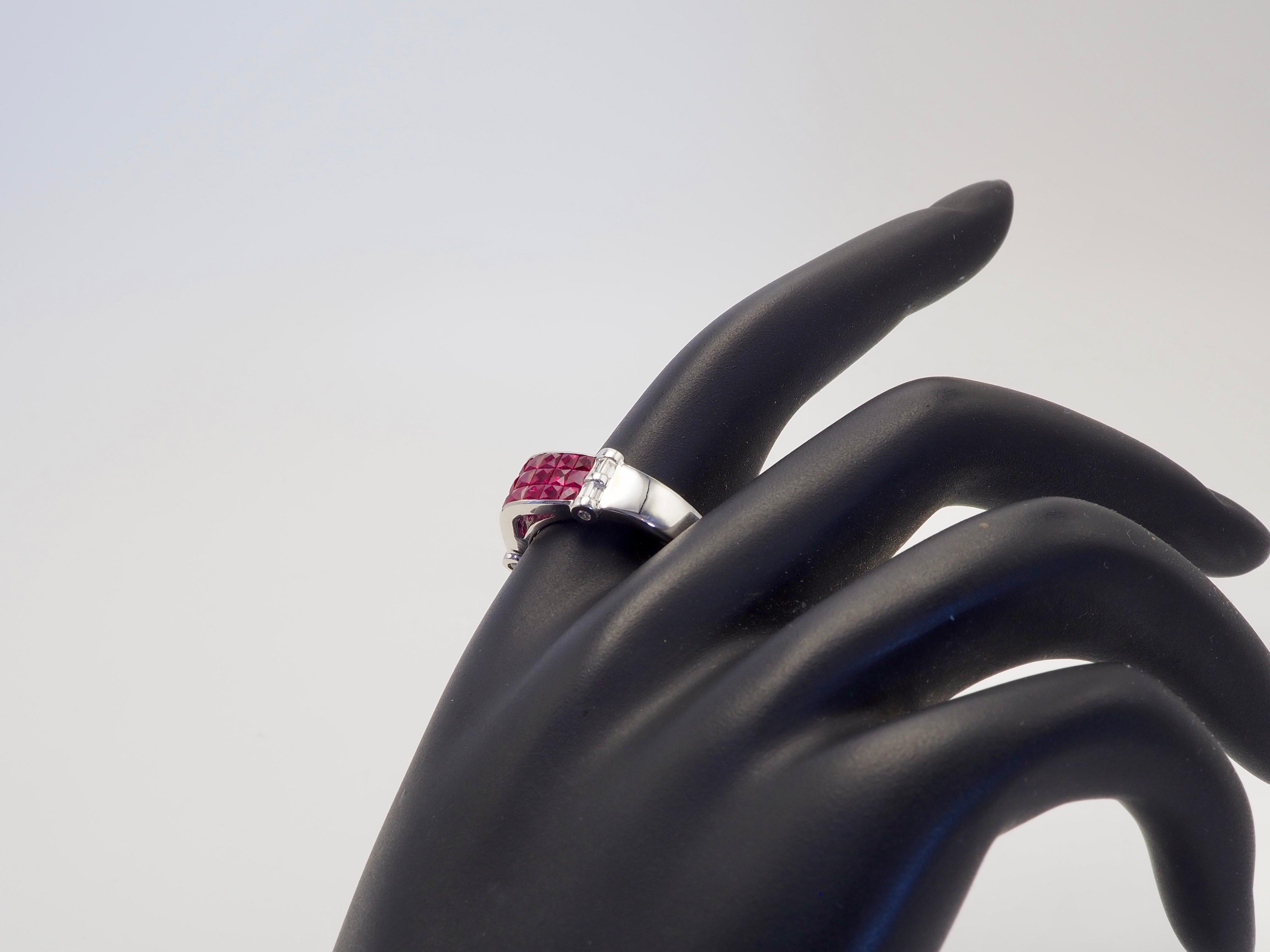 18K White Gold 2.40ct Squared Ruby & 0.21ct Diamond Invisible Band Ring For Sale 2