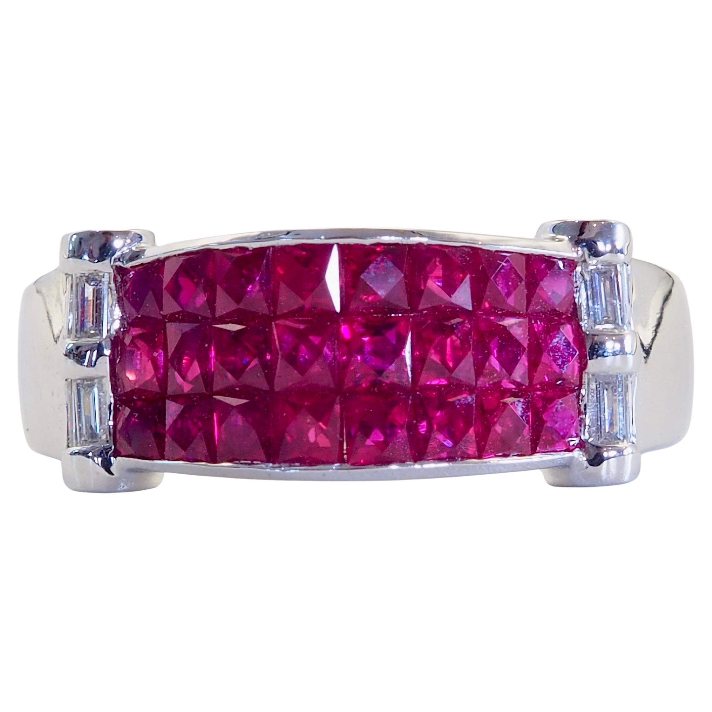 18K White Gold 2.40ct Squared Ruby & 0.21ct Diamond Invisible Band Ring