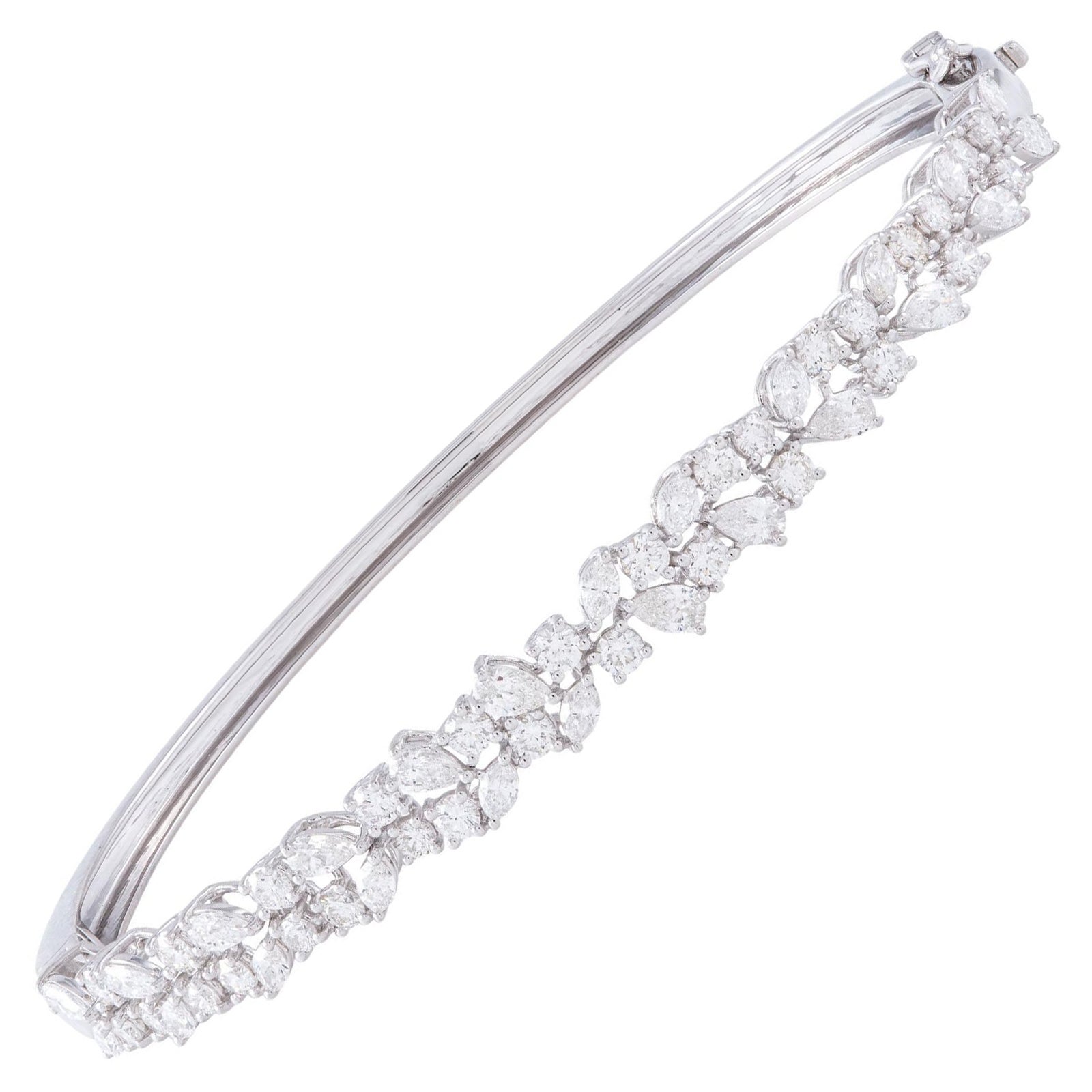 18K White Gold 2.41 Carat Mixed Cut Diamond Bangle Hinged Bracelet For Sale