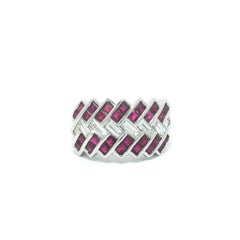 18k White Gold 2.42ctw Square Ruby & Baguette Diamond Wide Zig Zag Band Ring