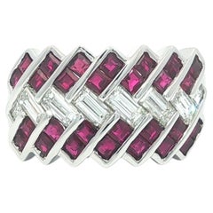 18k White Gold 2.42ctw Square Ruby & Baguette Diamond Wide Zig Zag Band Ring