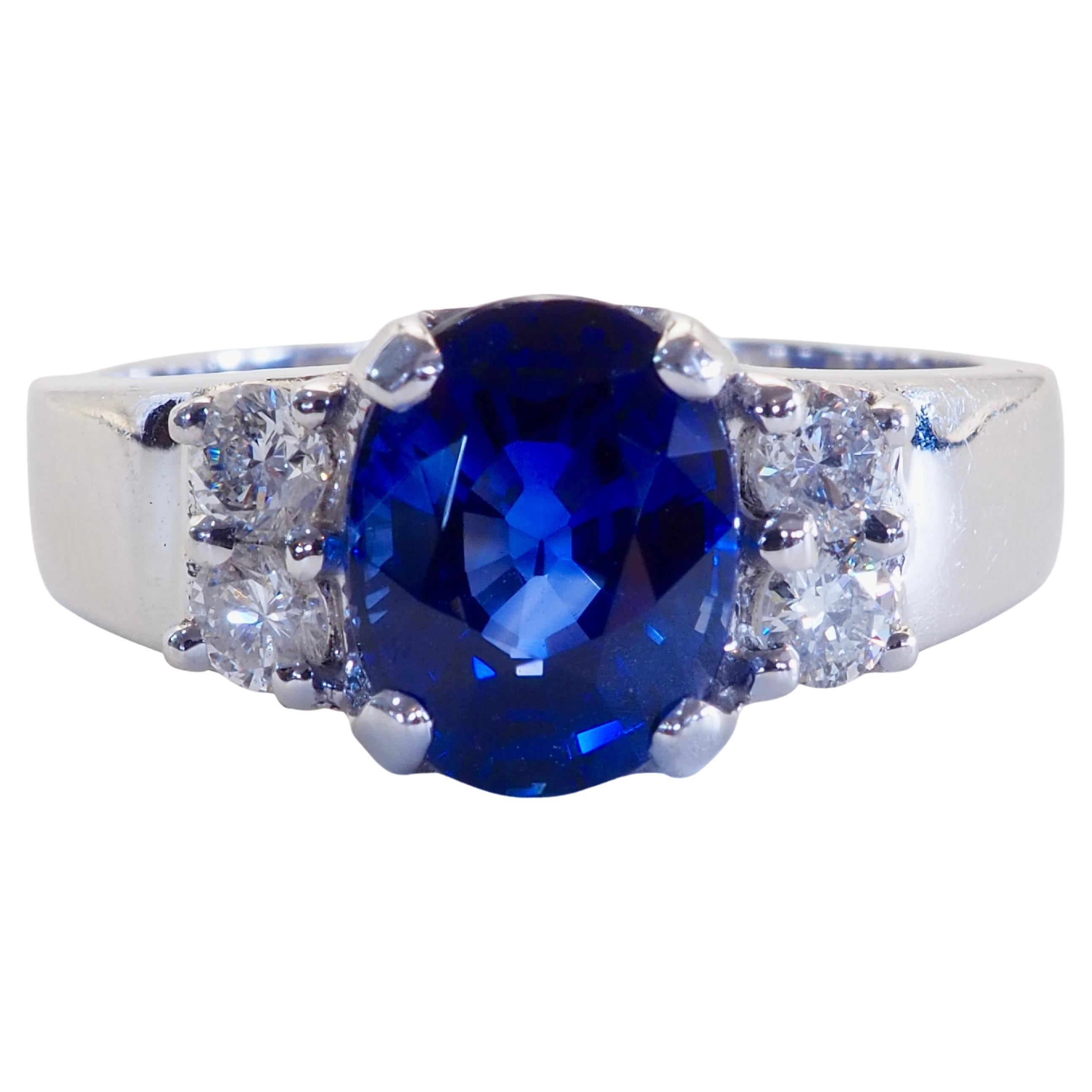 18K White Gold 2.46ct Vivid Blue Sapphire & 0.34ct Diamond Ring