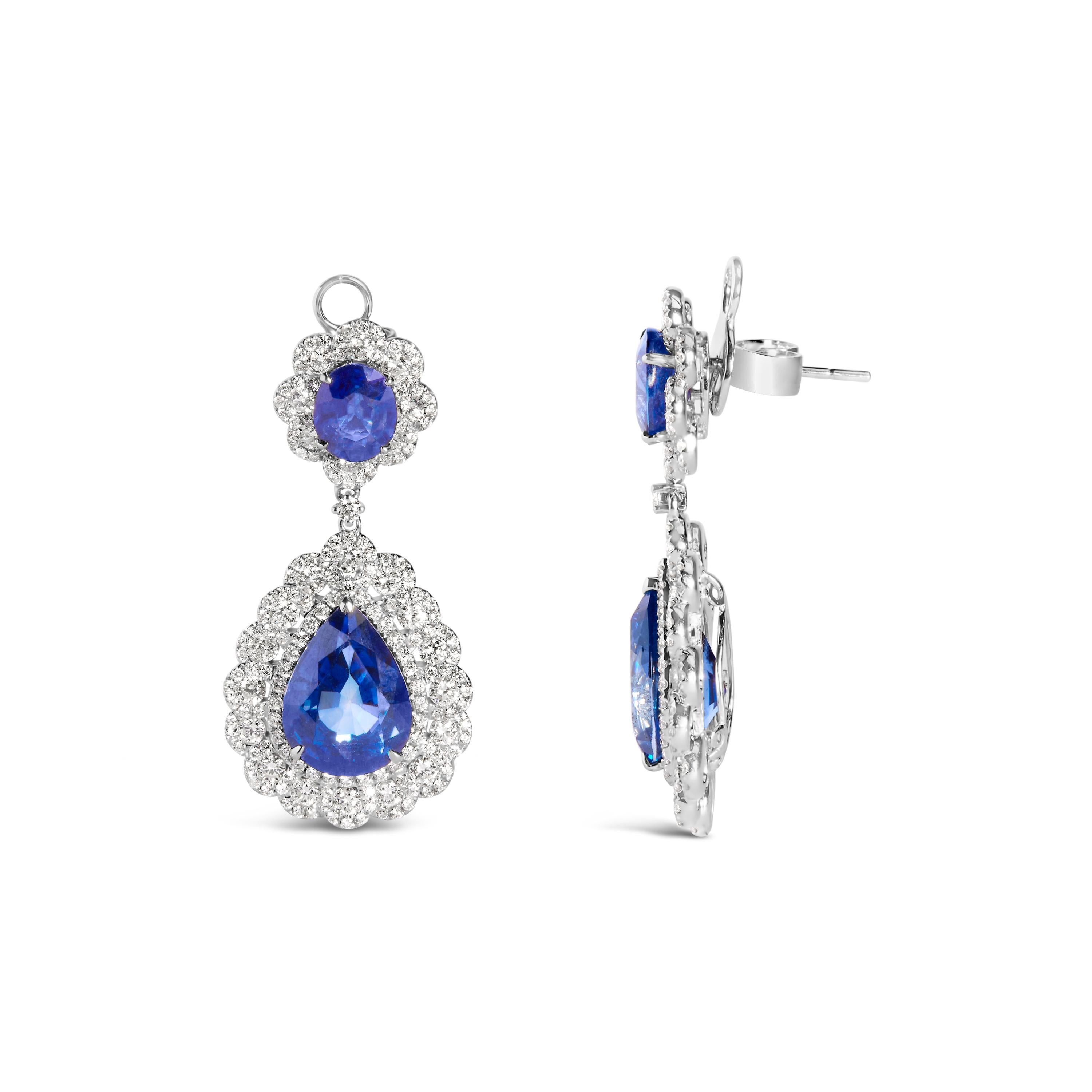 Modern 18K White Gold 25 Carat Blue Sapphire & 4 5/8 Carat Diamond Halo Dangle Earring For Sale