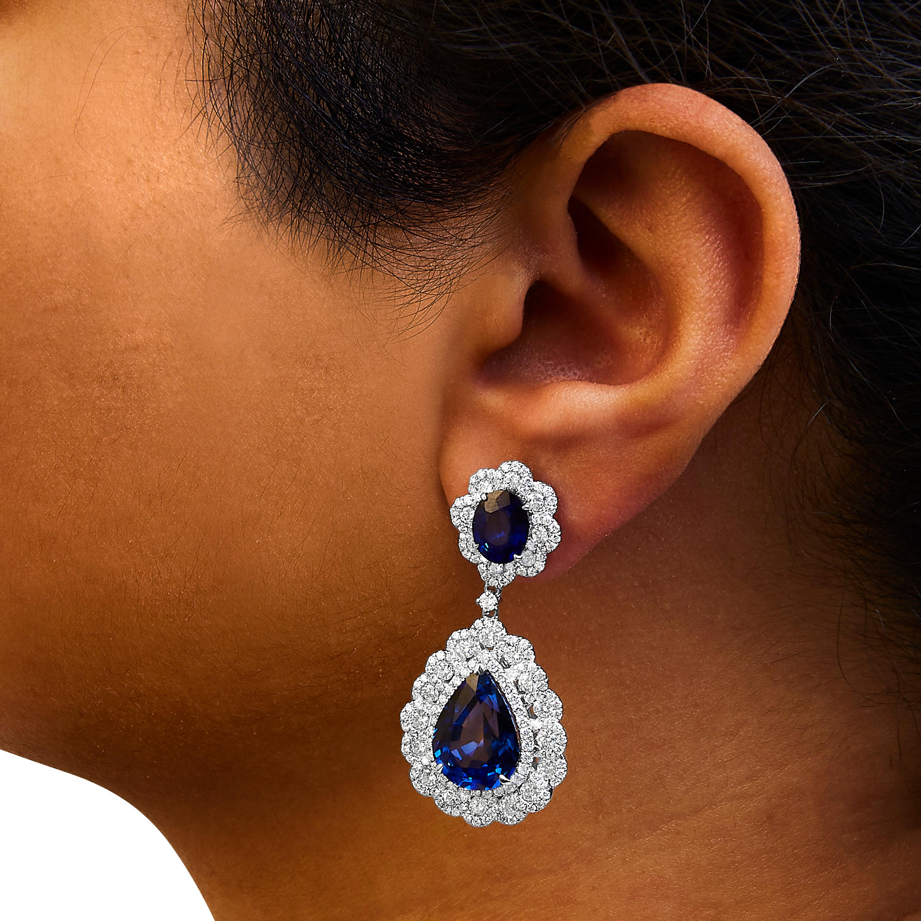 Pear Cut 18K White Gold 25 Carat Blue Sapphire & 4 5/8 Carat Diamond Halo Dangle Earring For Sale