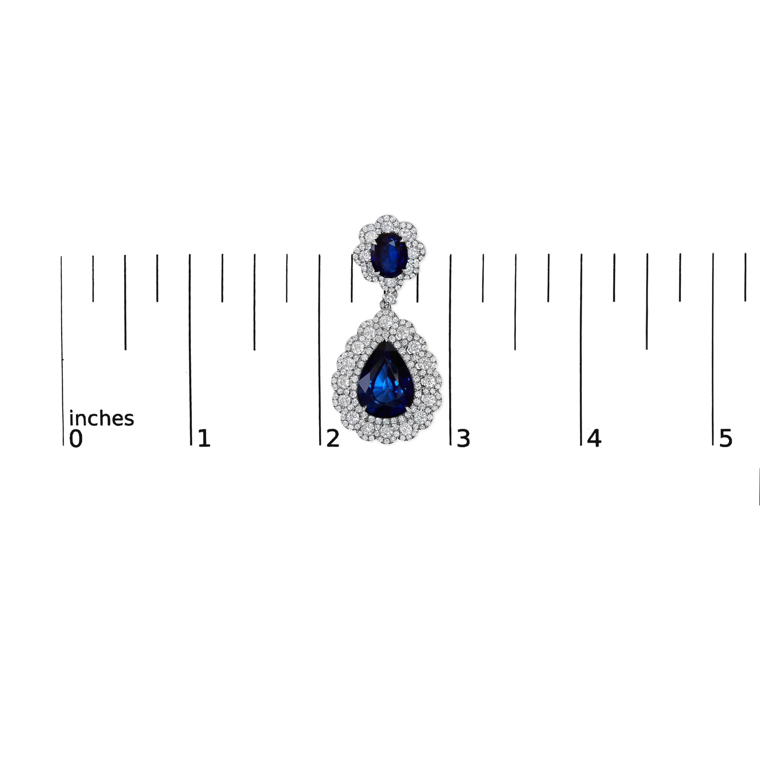 18K White Gold 25 Carat Blue Sapphire & 4 5/8 Carat Diamond Halo Dangle Earring In New Condition For Sale In New York, NY